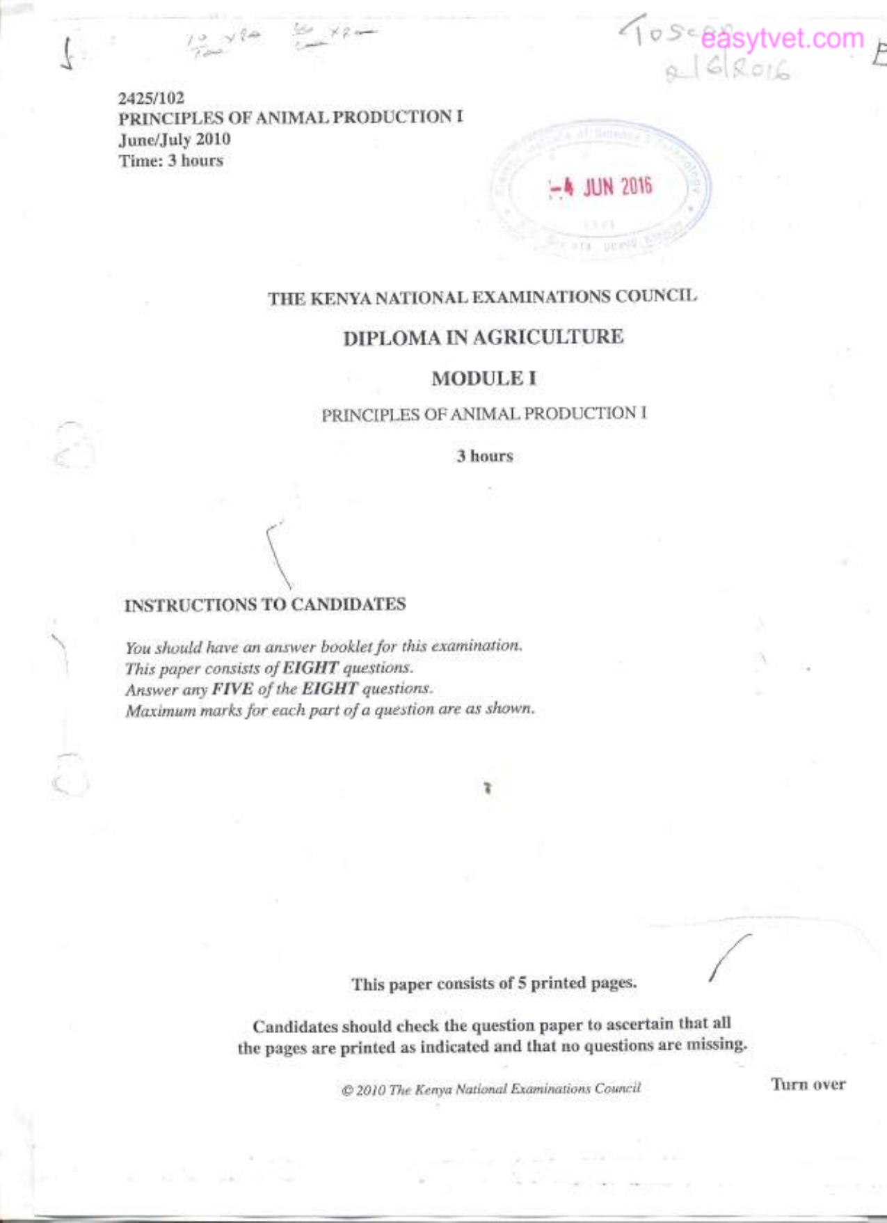 Principles of Animal Production I (2010) — page 1 of 5