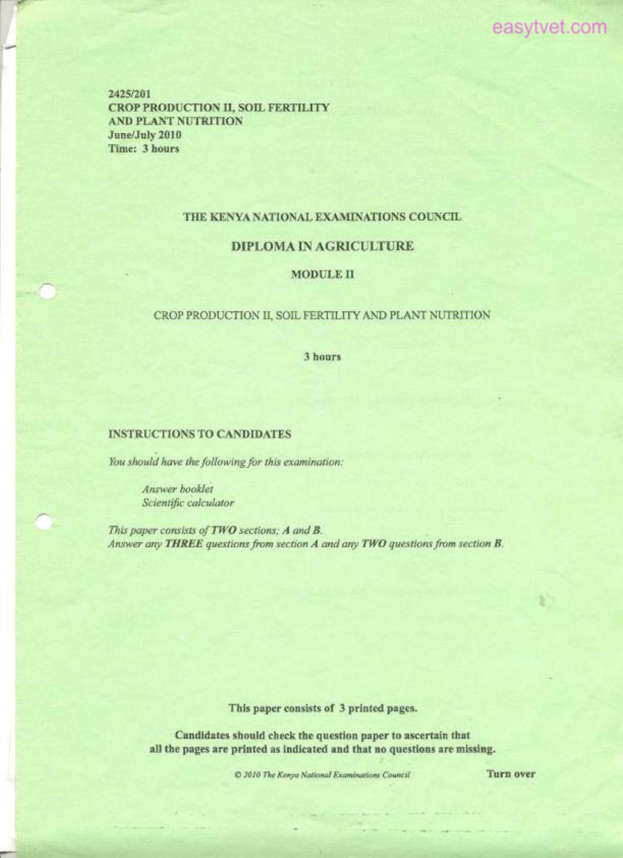 Crop Production I, Soil Fertility and Plant Nutrition (2010) — page 1 of 3