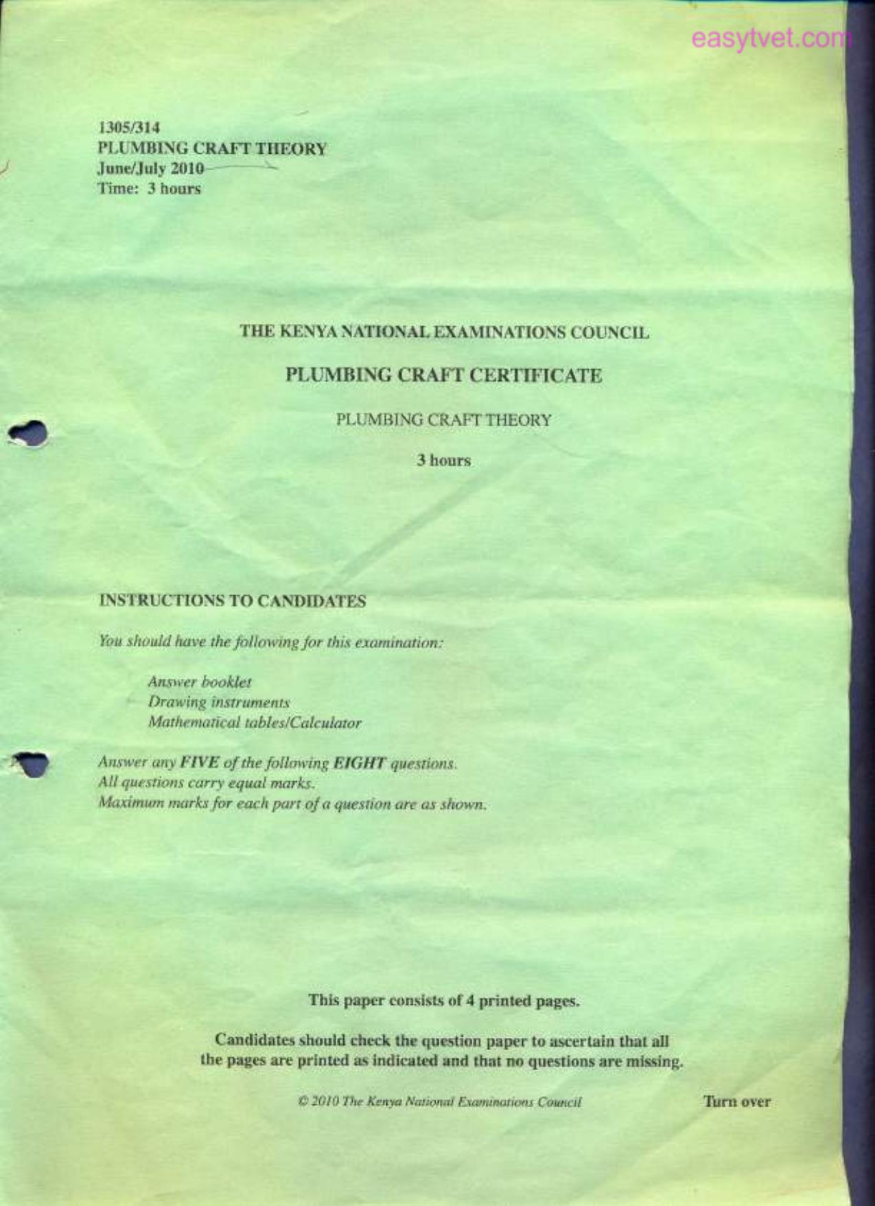 Plumbing Craft Certificate (2010) — page 1 of 4
