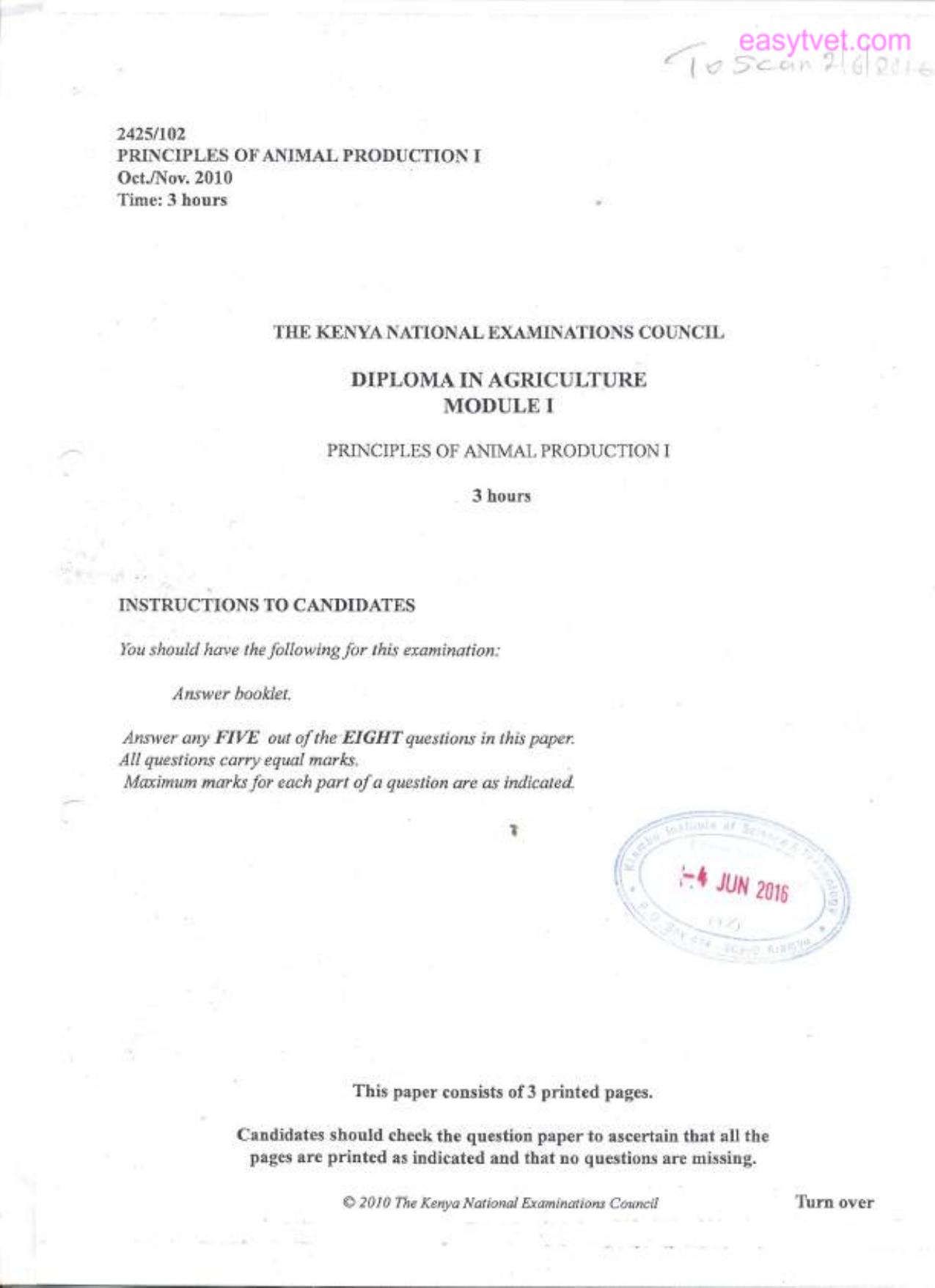 Principles of Animal Production T (2010) — page 1 of 3