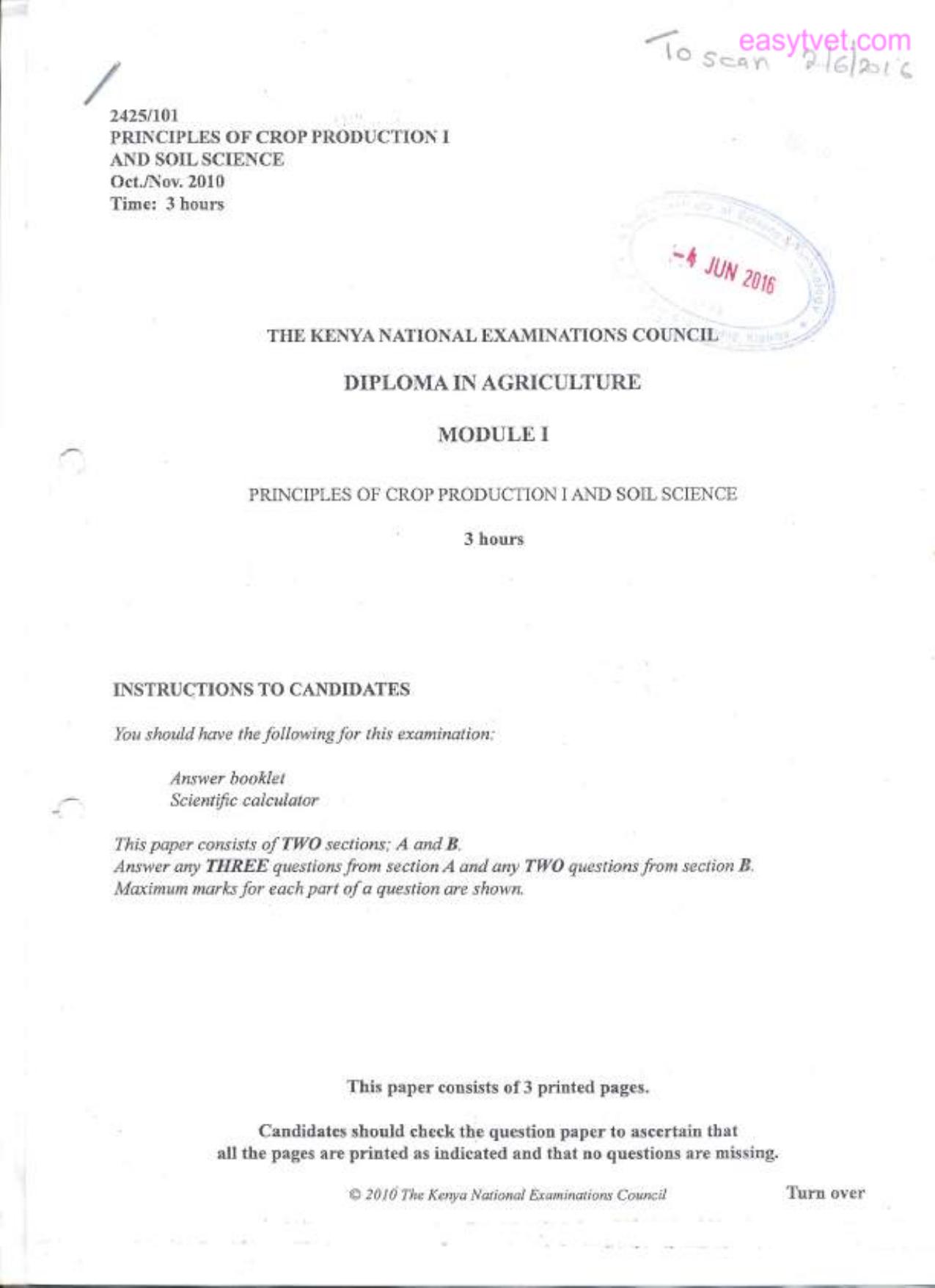 Principles of Crop Production I and Soil Science (2010) — page 1 of 3