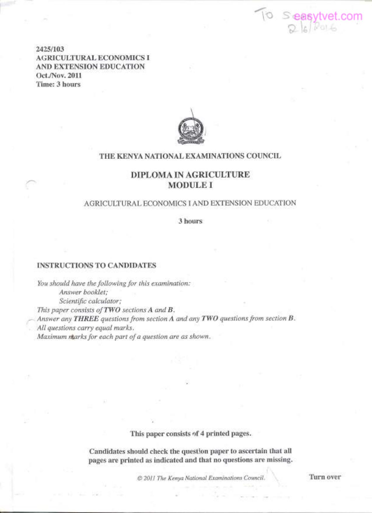 Agricultural Economics 1 and Extension Education (2001) — page 1 of 4
