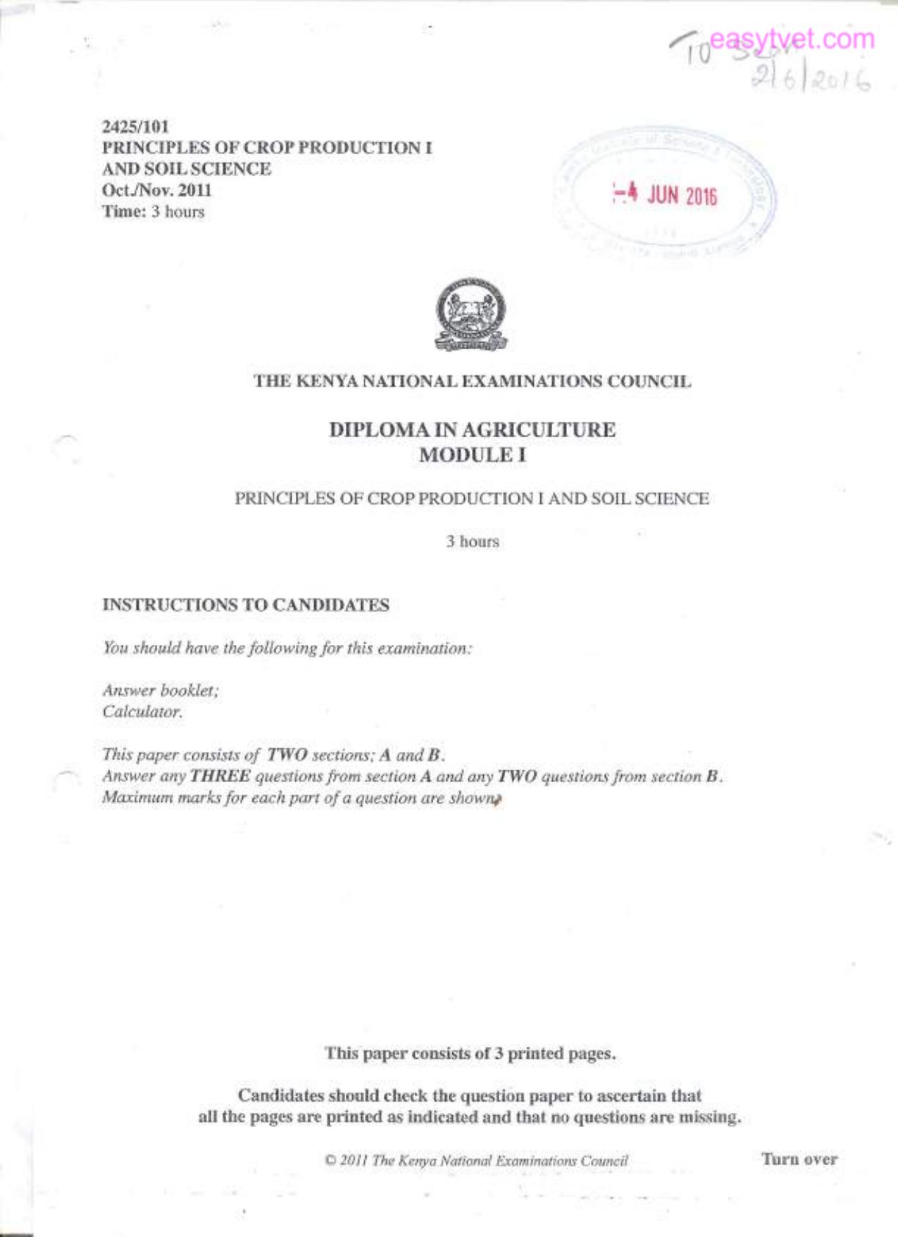 Peimciples of Crop Production I and Soil Science (2011) — page 1 of 3