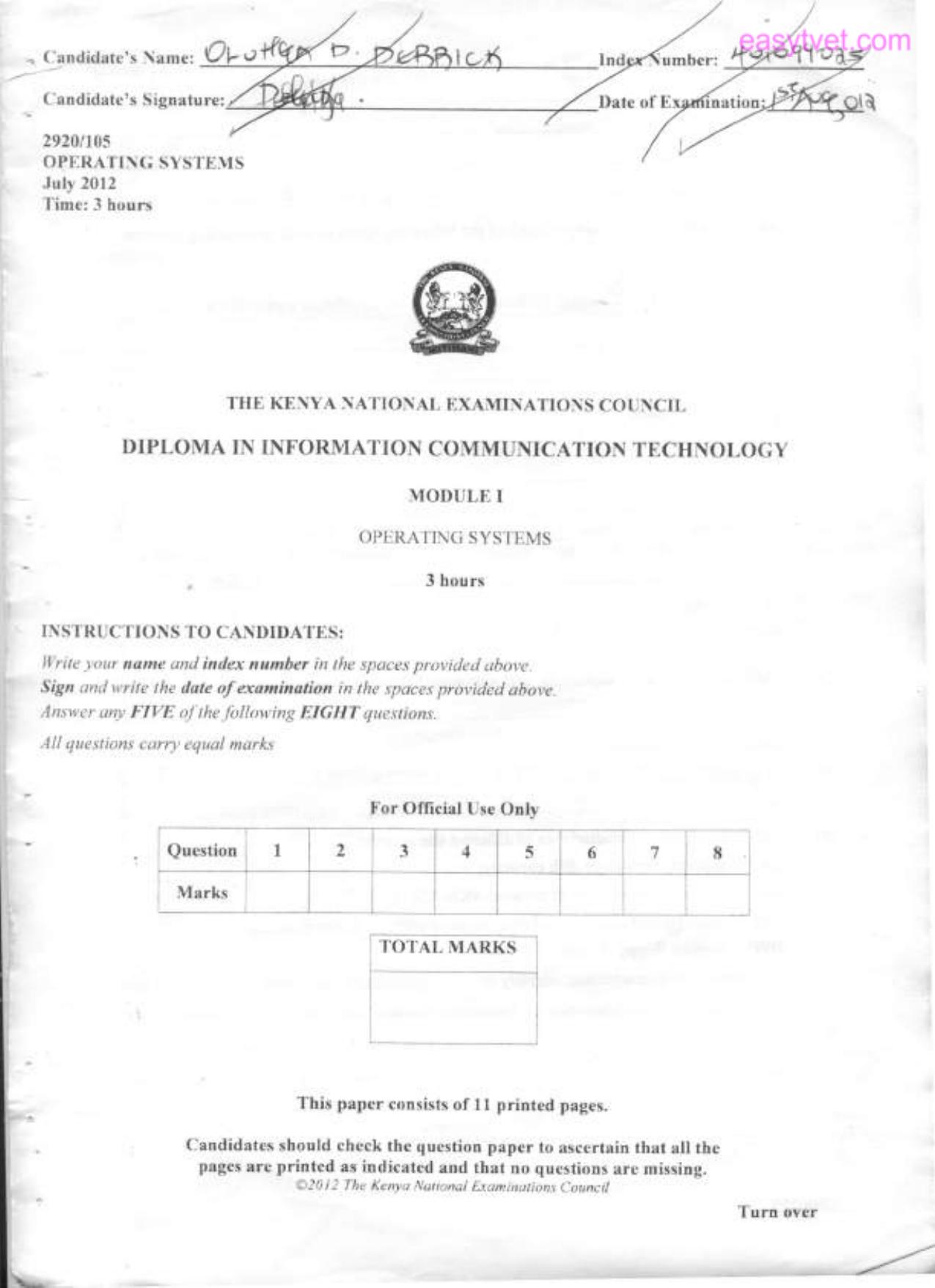 Difloma in Information Communication Technology (2012) — page 1 of 11