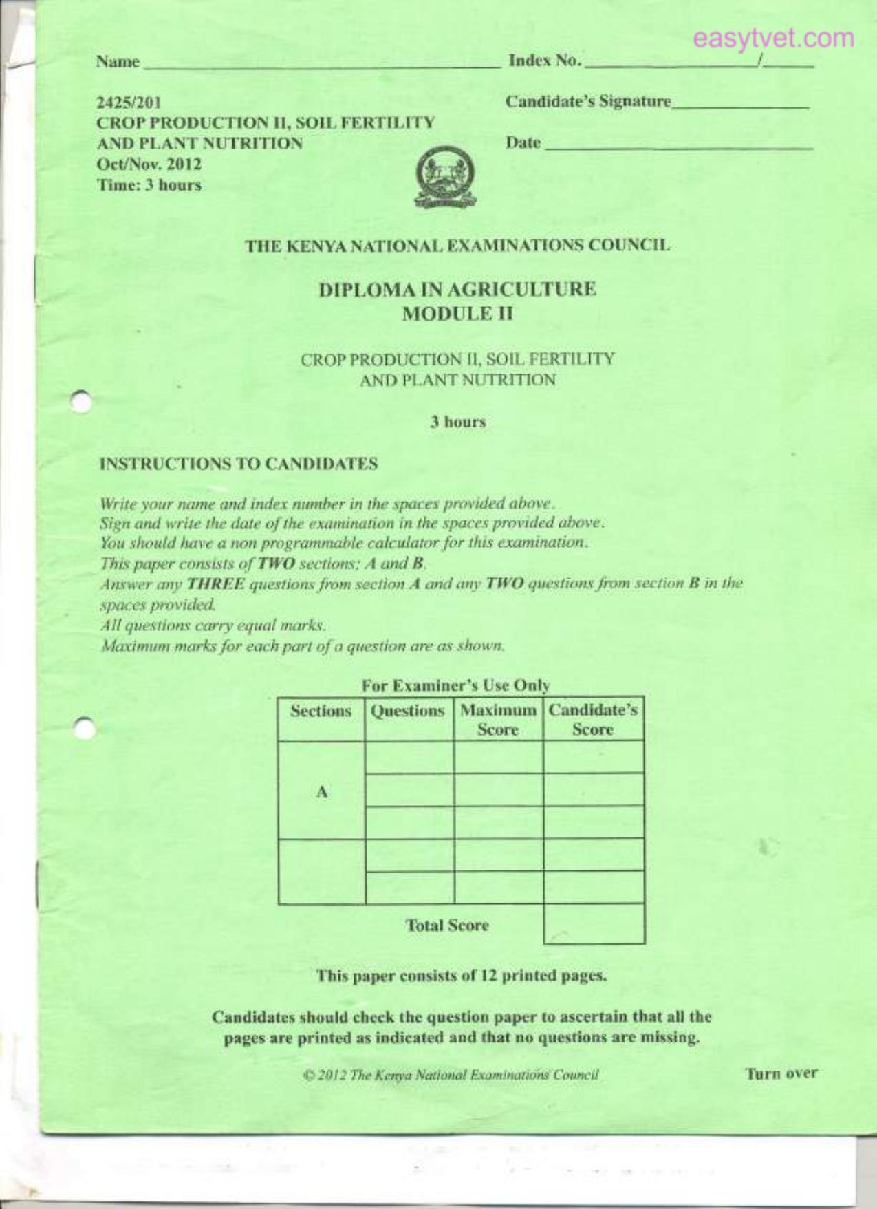 Crop Production I, Soil Fertility (2012) — page 1 of 3