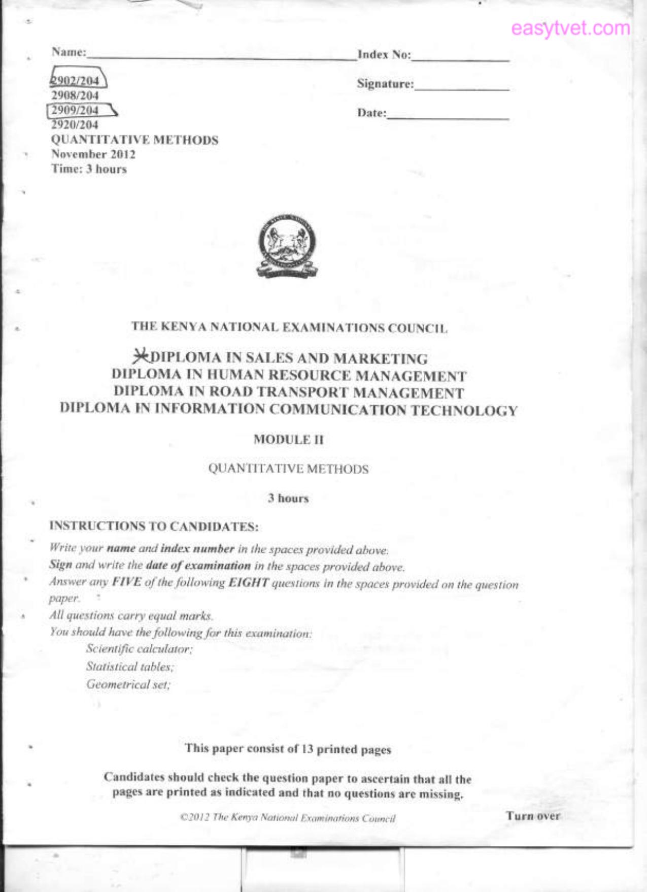 Quantitative Methods (2012) — page 1 of 13