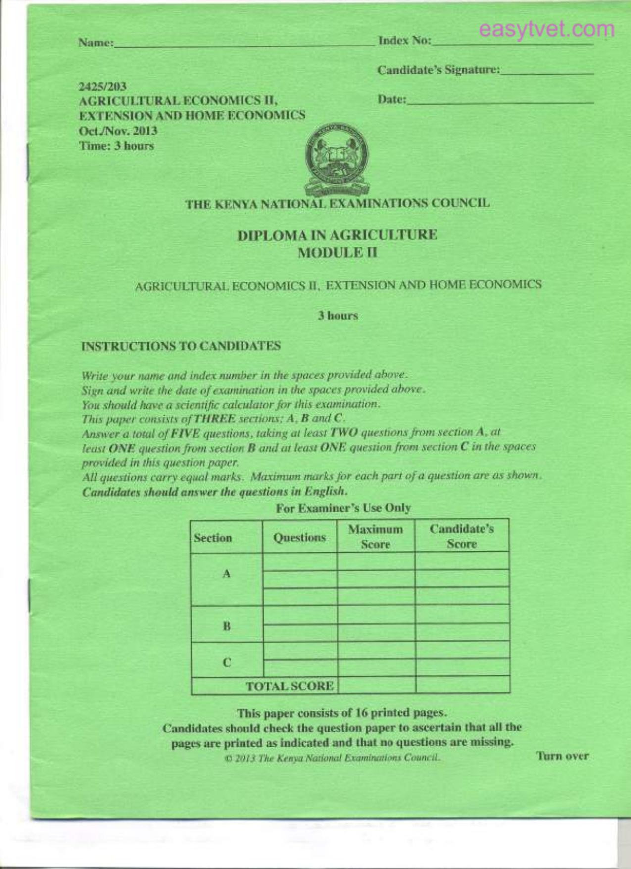 Agricultural Economics 1, Extension and Home Economics (2013) — page 1 of 3
