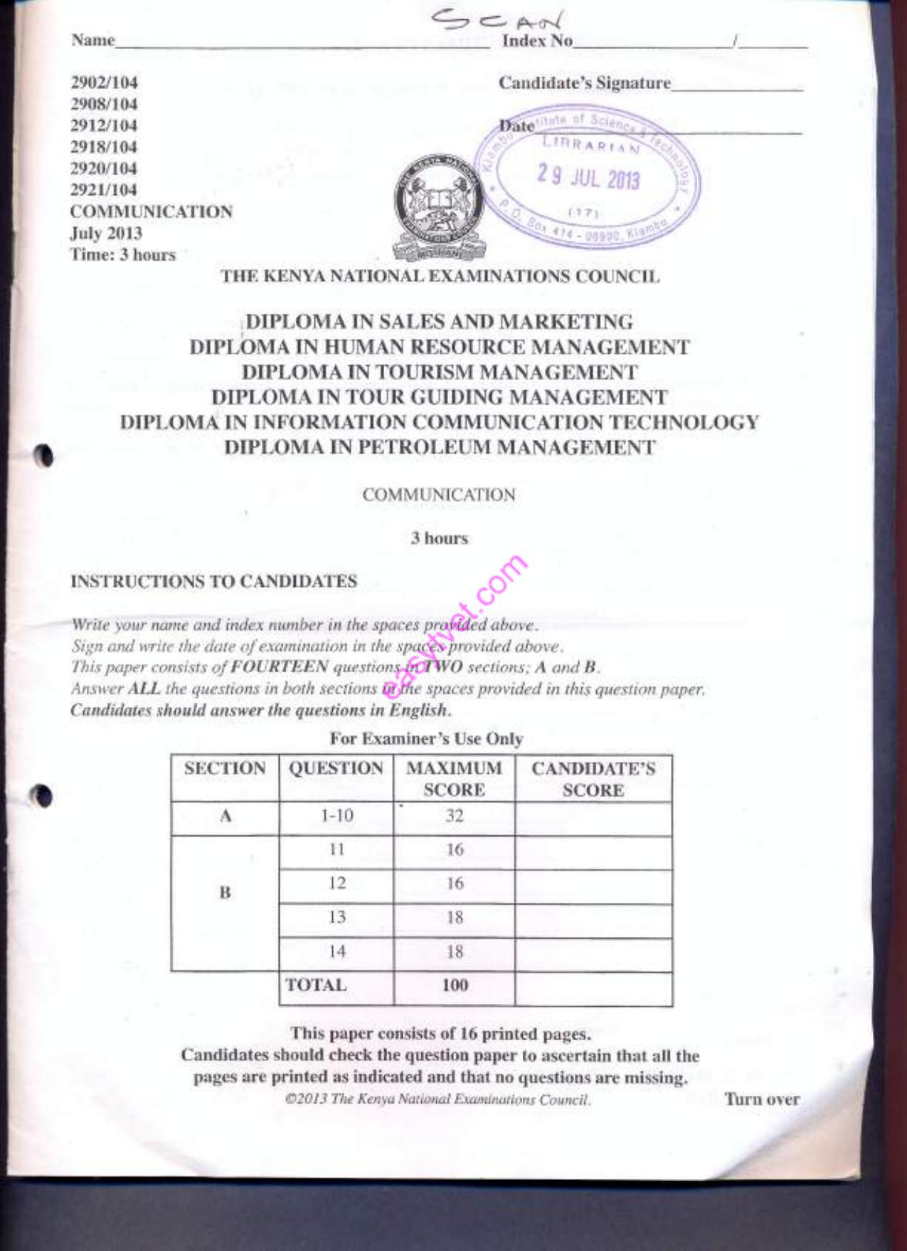 Diploma in Information Communication Technology (2013) — page 1 of 7