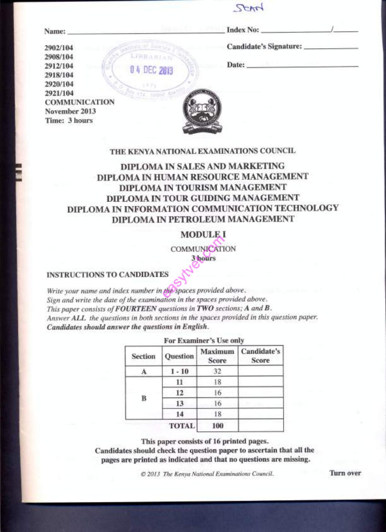 Diploma in Information Communication Technology (2013) — page 1 of 7