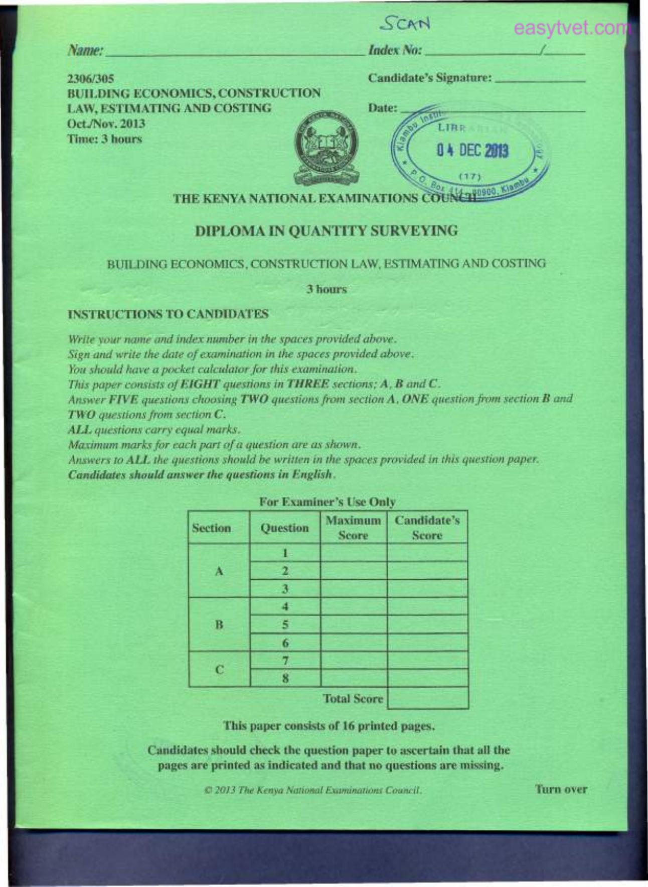 Butlding Economics, Construction Law, Estimating and Costing (2013) — page 1 of 6