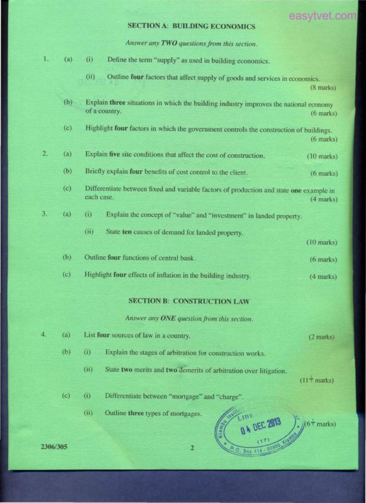 Butlding Economics, Construction Law, Estimating and Costing (2013) — page 2 of 6