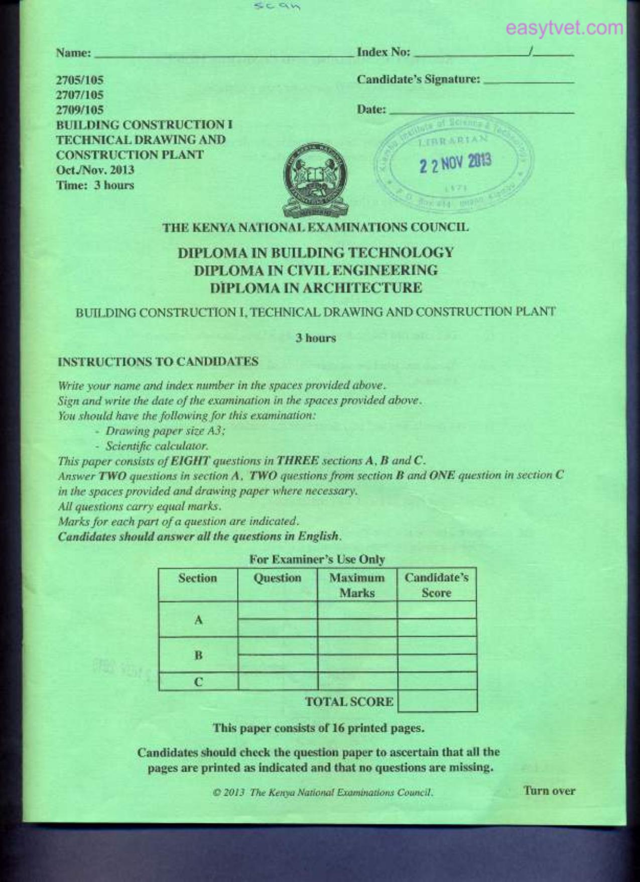 Building Construction I, Technical Deawing and Construction Plant (2013) — page 1 of 7