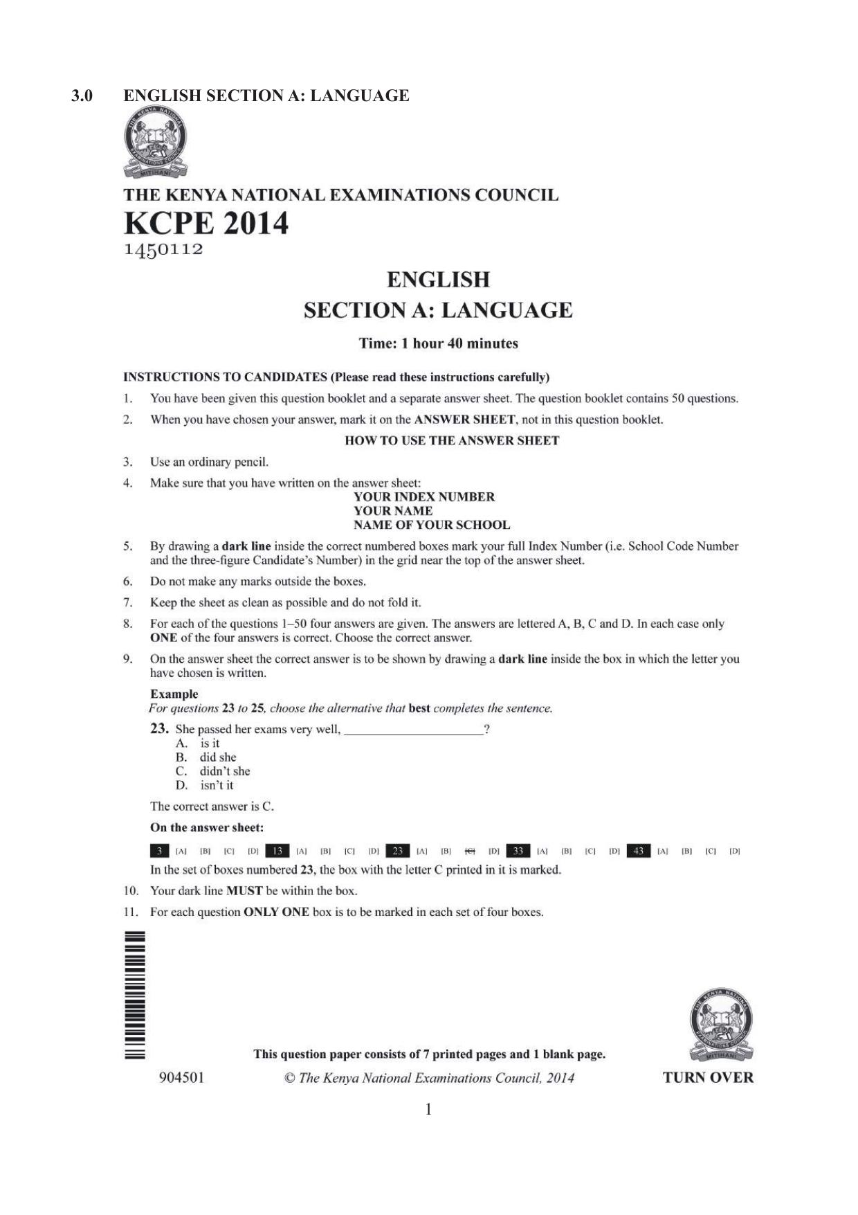 3.0 English Section A Language (2014) — page 1 of 7