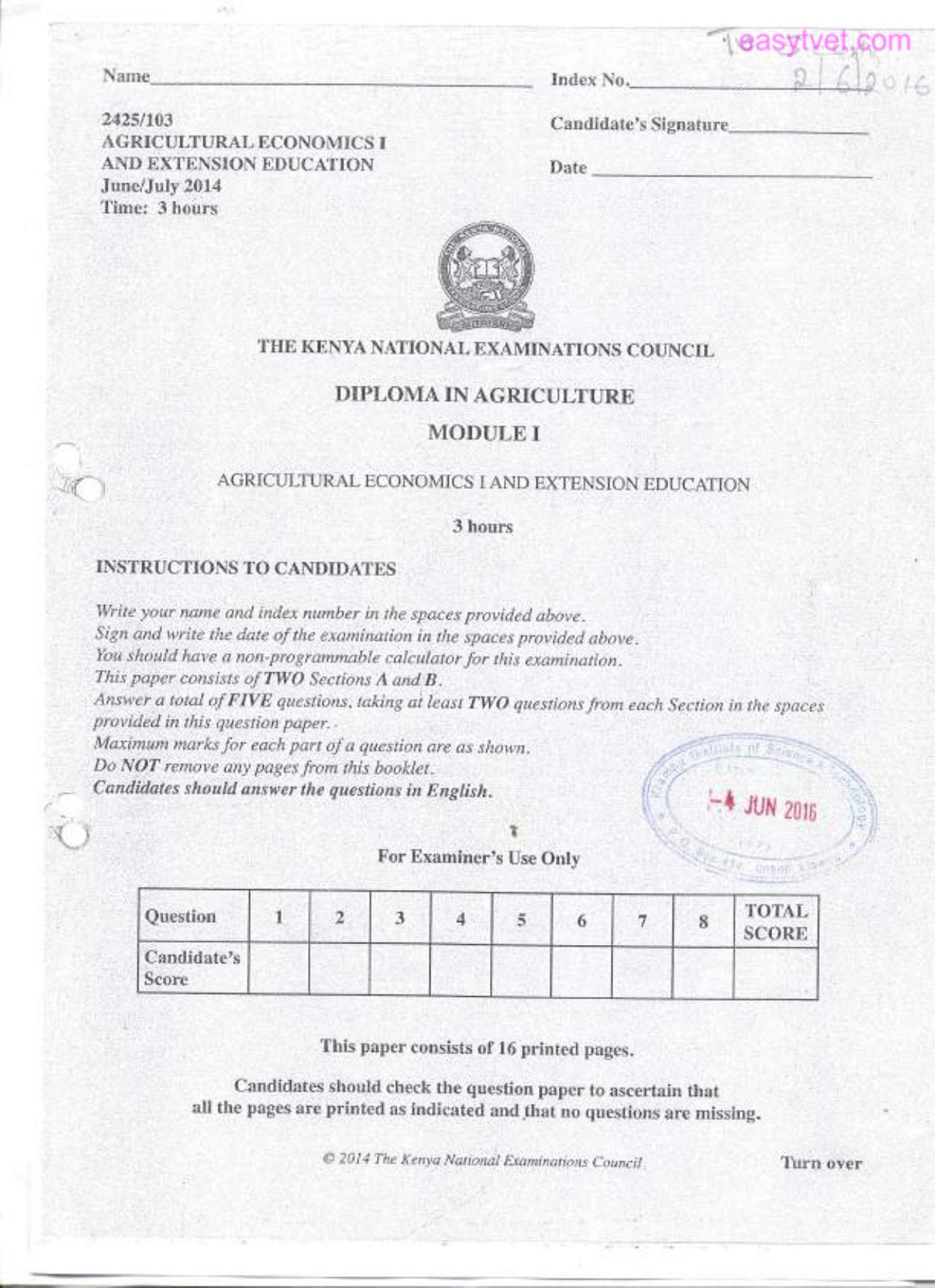 Agricultural Economics and Extension Education (2014) — page 1 of 4