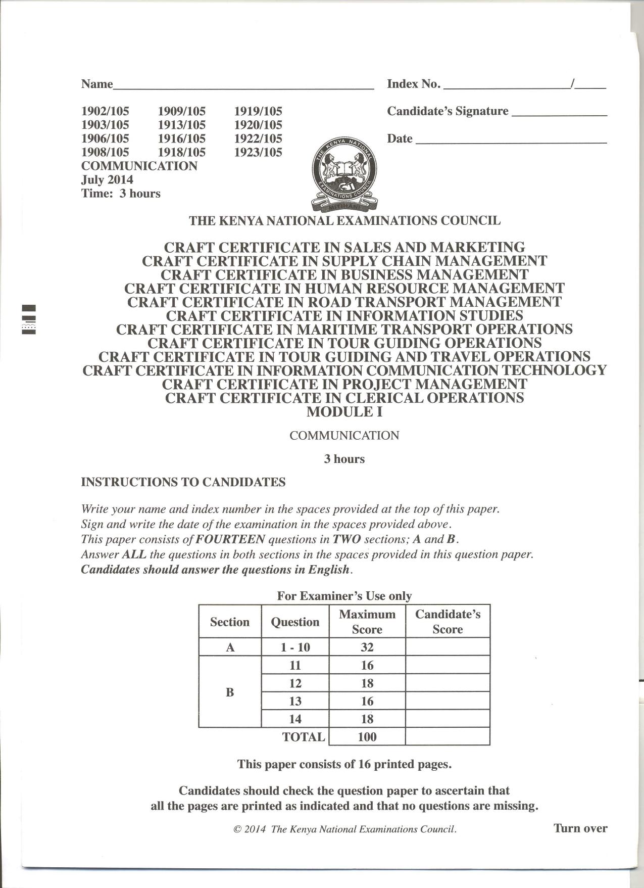 Craft Certificate in Information Communication Technology (2014) — page 1 of 7