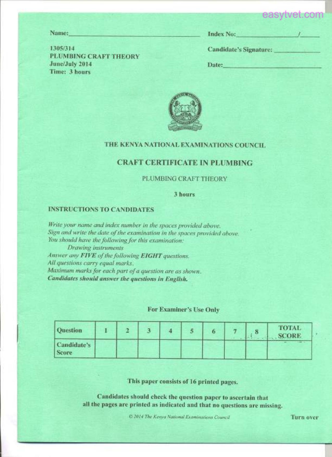 Craft Certificate in Plumbing (2014) — page 1 of 4