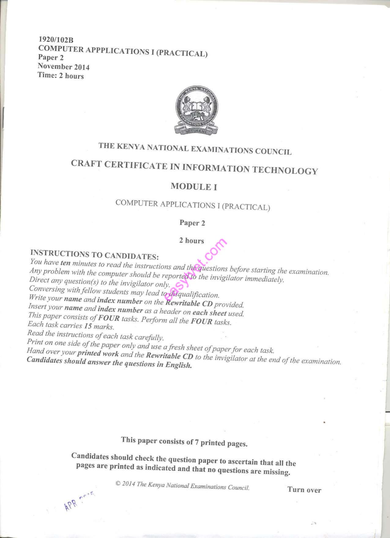 Computer Appplications I (practical (2014) — page 1 of 7