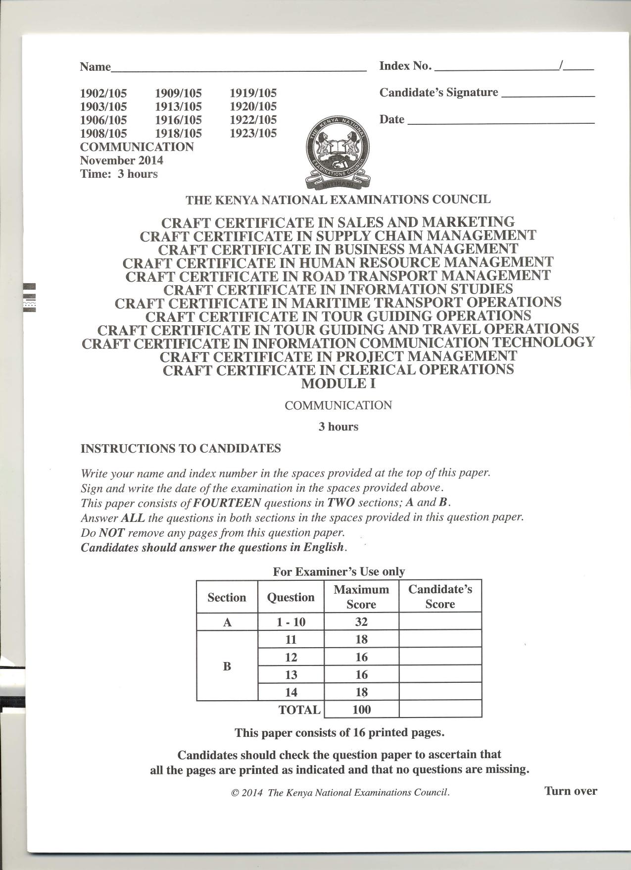 Craft Certificate in Information Communication Technology (2014) — page 1 of 7