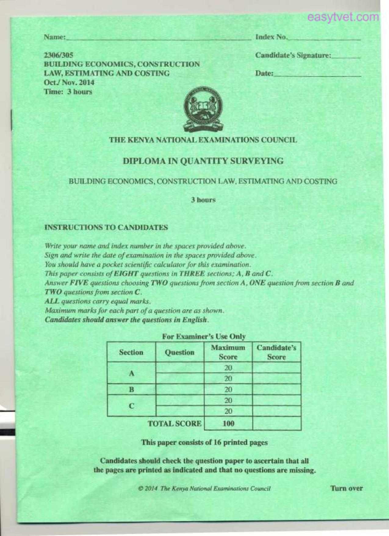 Building Economics, Construction Law, Estimating and Costing (2014) — page 1 of 4