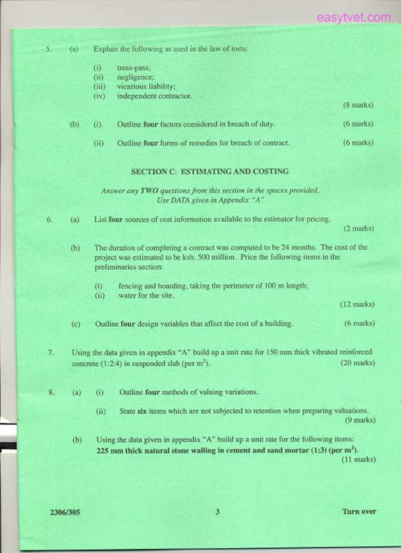 Building Economics, Construction Law, Estimating and Costing (2014) — page 3 of 4