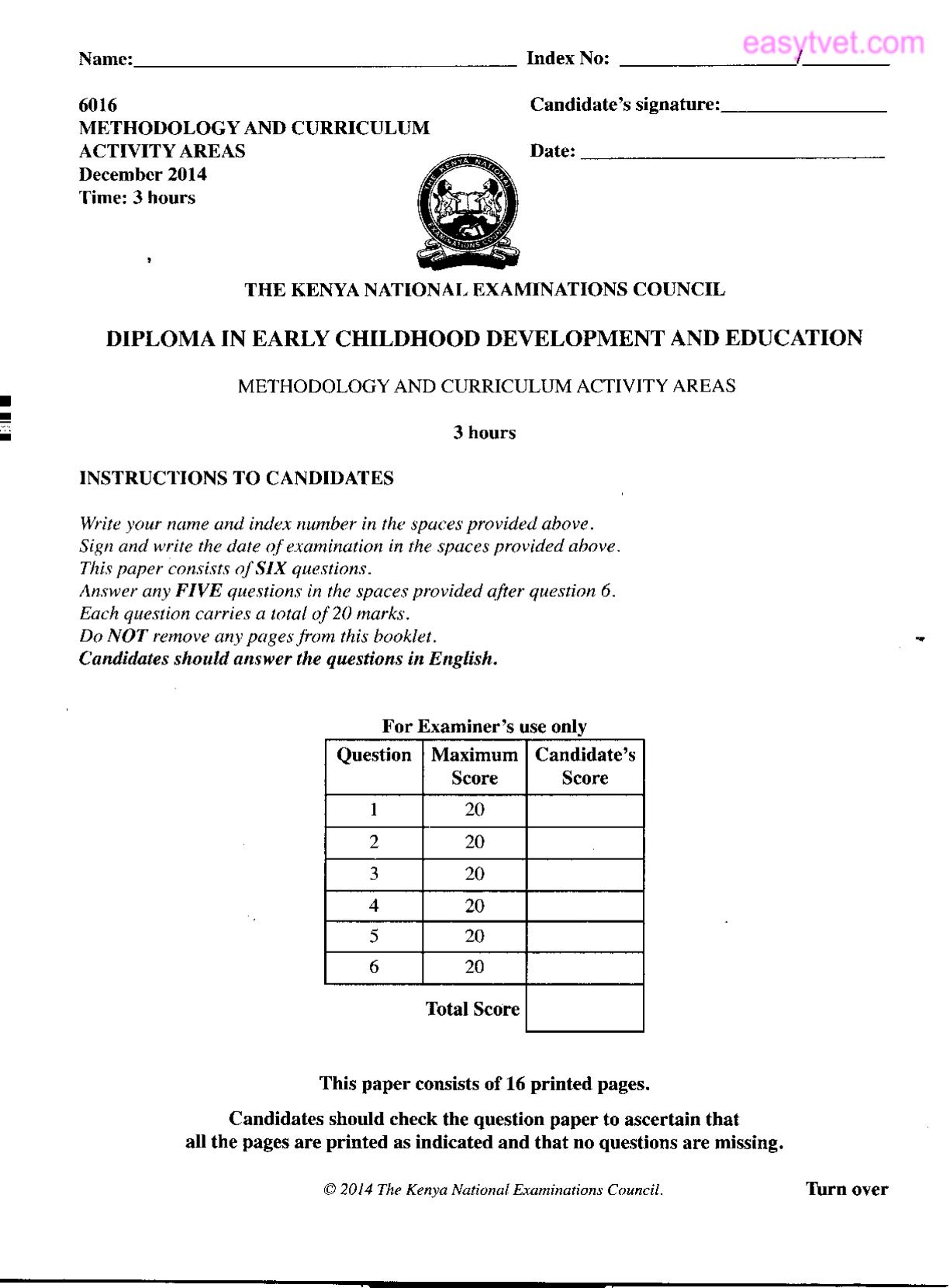 Methodology and Curriculum Activity Areas (2014) — page 1 of 2