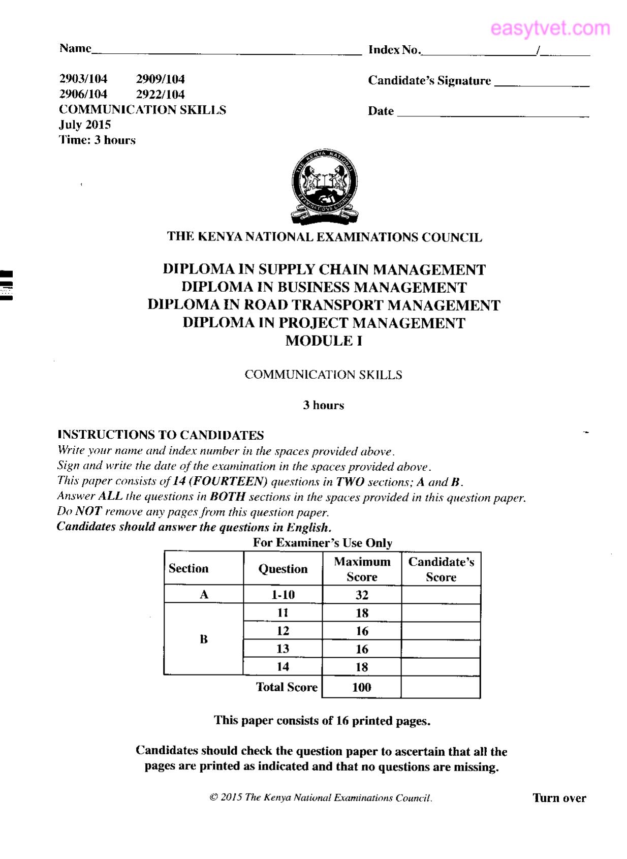 Diploma in Road Transport Management (2015) — page 1 of 7