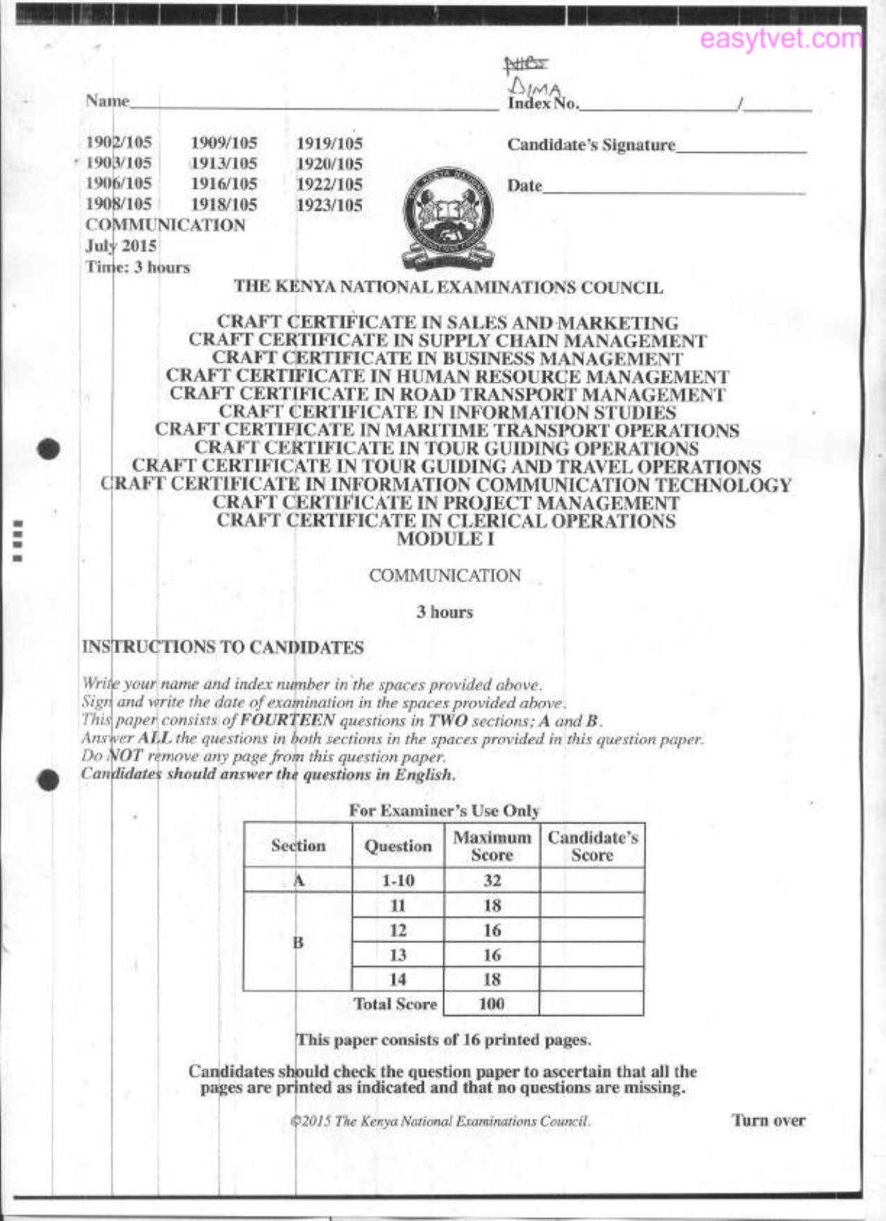 Uraft Certificate in Information Communication Technology (2015) — page 1 of 7
