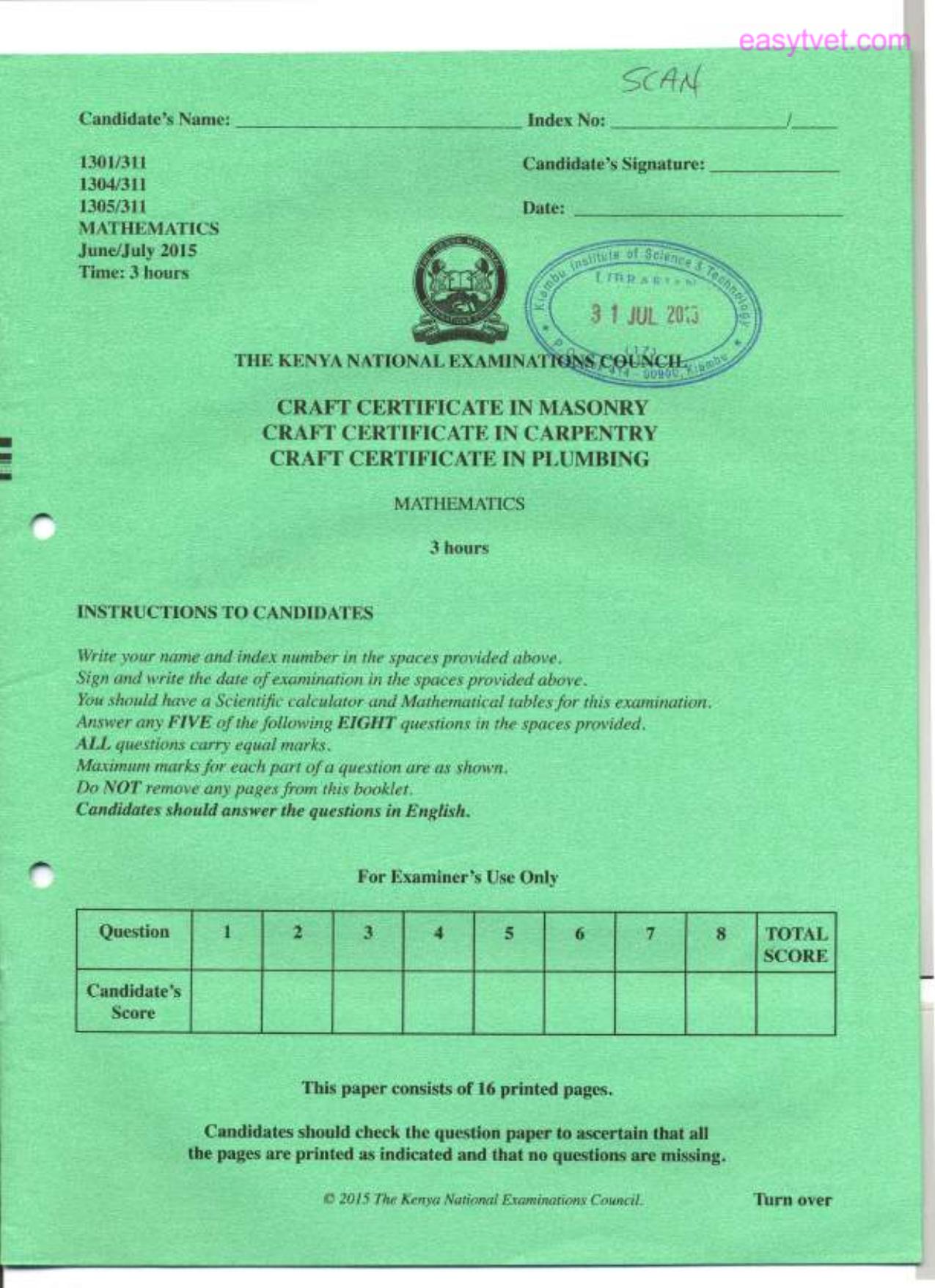 Craft Certificate in Carpentry (2015) — page 1 of 4