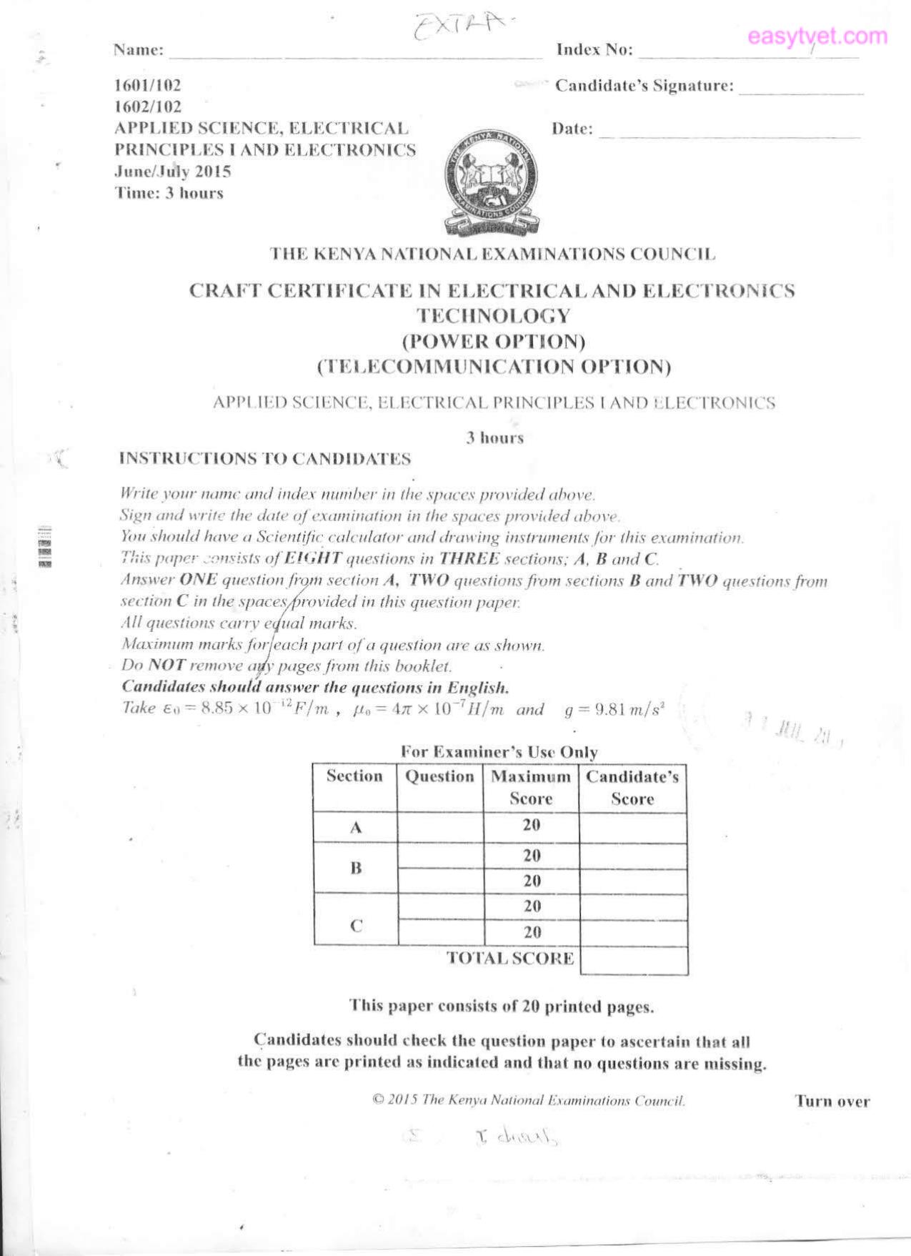 Applied Science, Electrical Principles and Electronics (2015) — page 1 of 8