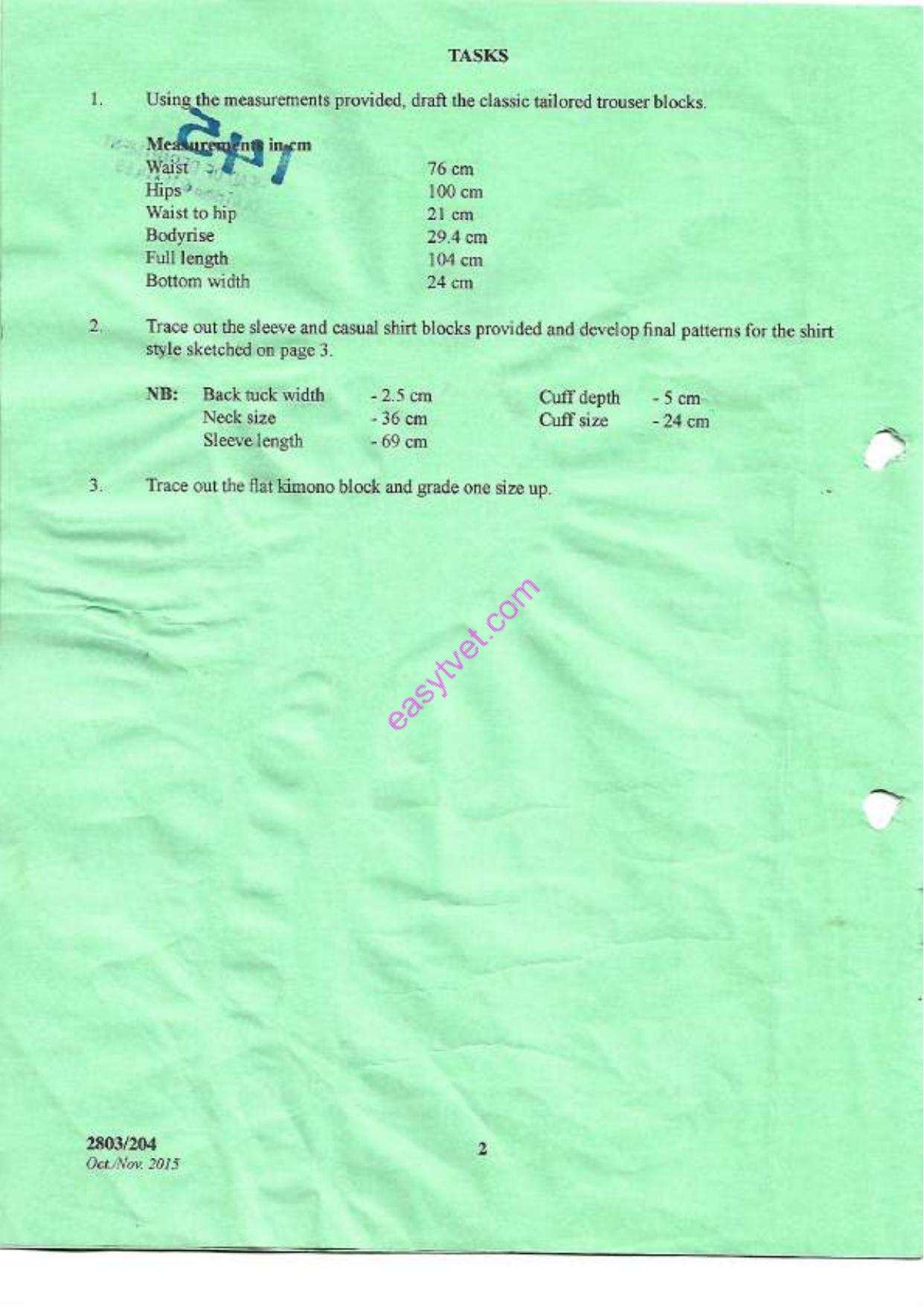 Pattern Construction Il and Pattern Crading Techniques Practical (2003) — page 2 of 6