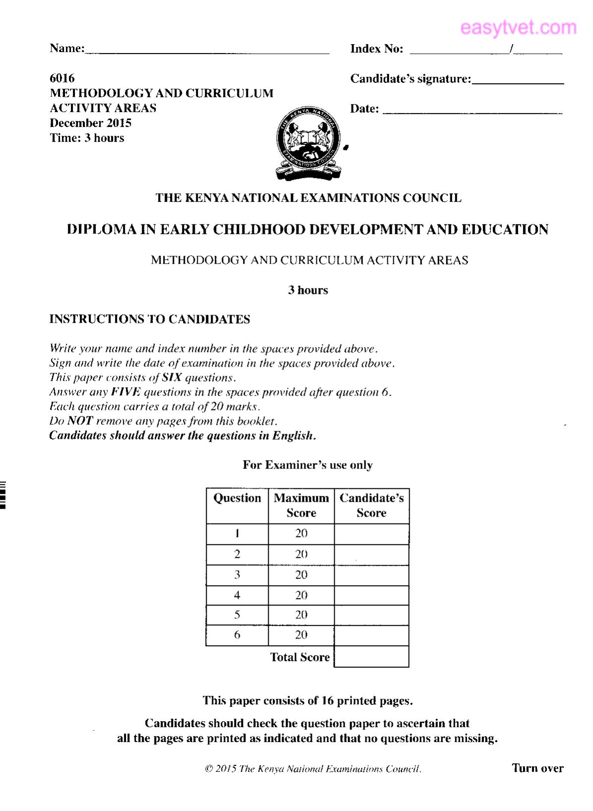 Dipli.loma in Early Childhood Development and Education (2015) — page 1 of 3