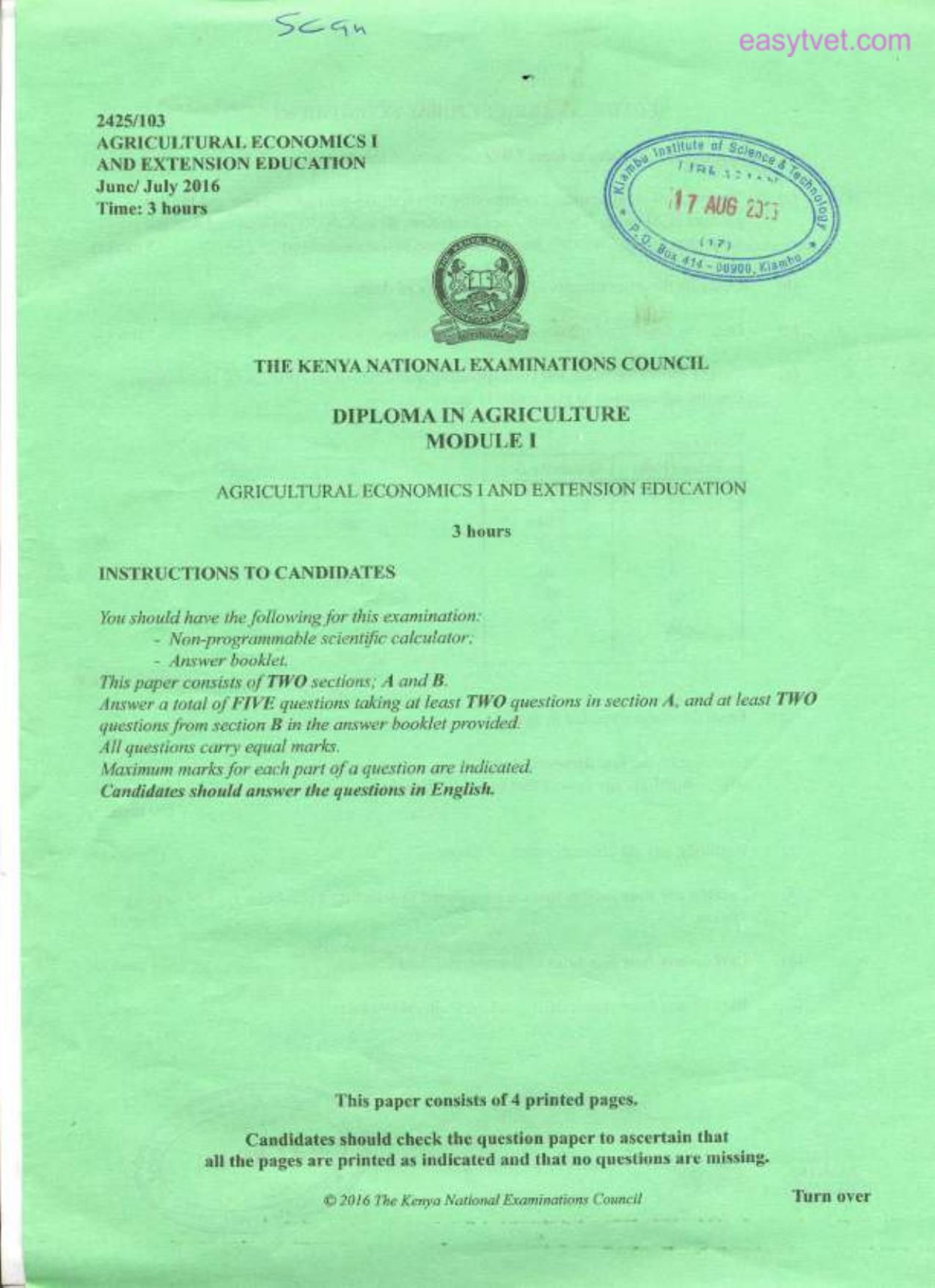 Agricultural Economics 1 and Extension Education (2016) — page 1 of 3