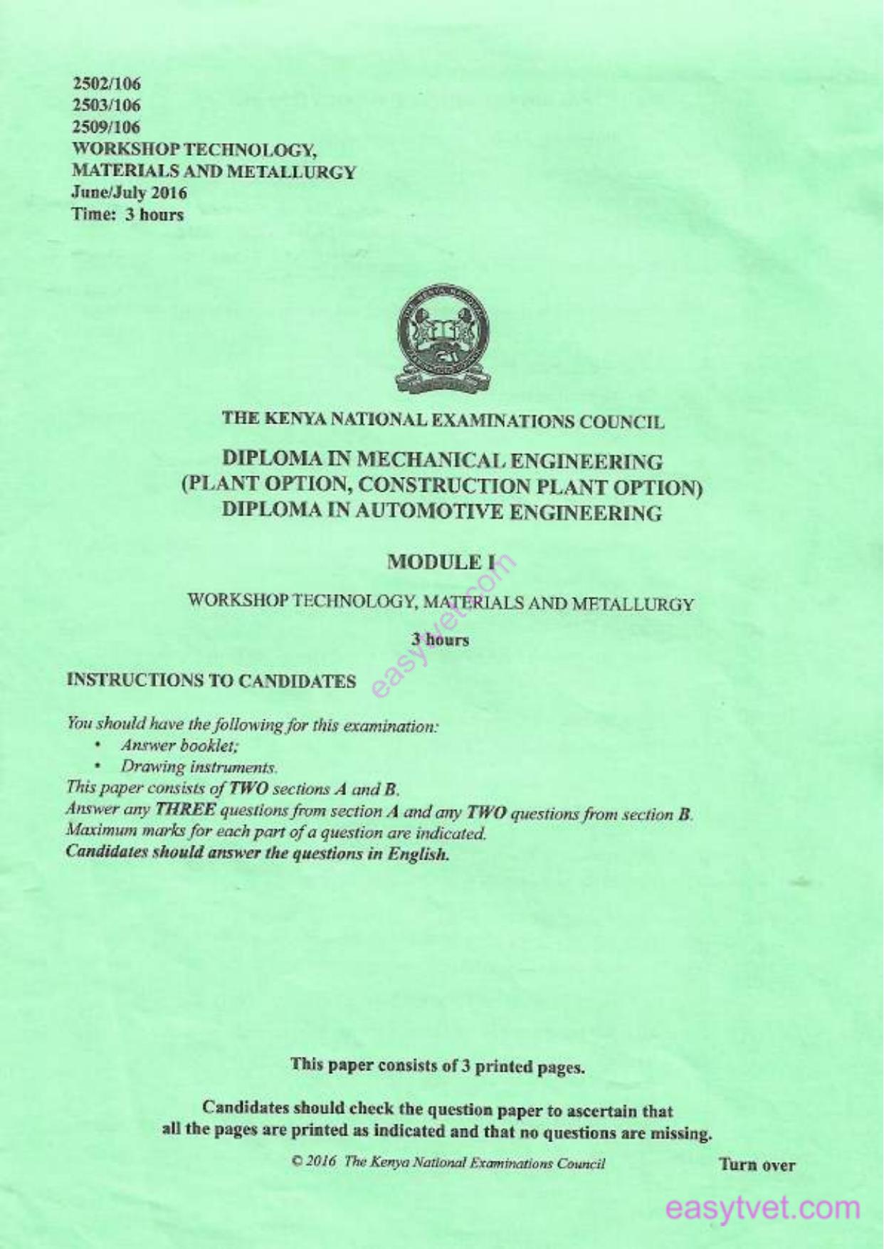 Workshop Technology, Materials and Metallurgy (2016) — page 1 of 3