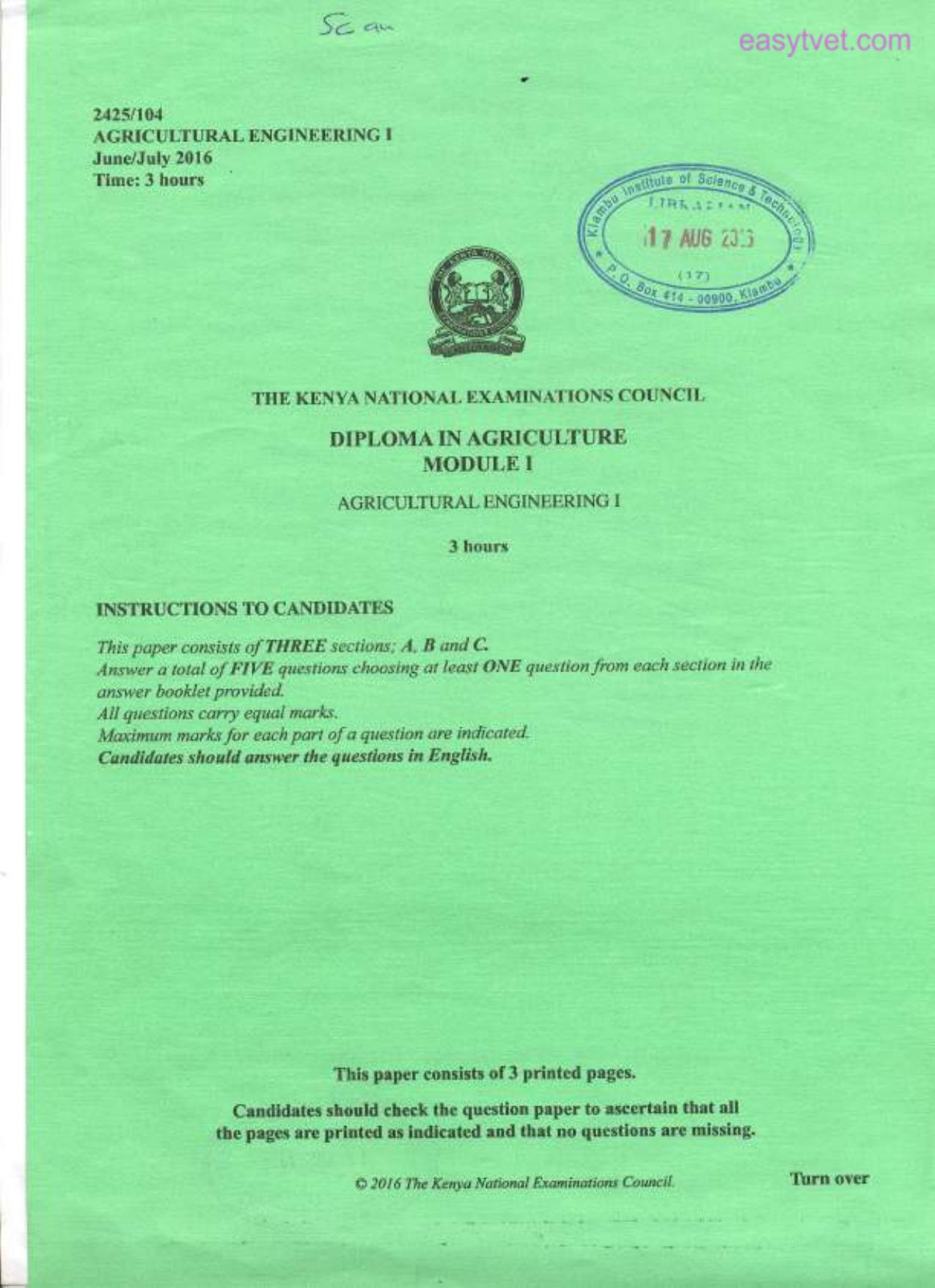 Agricultural Engineering I (2016) — page 1 of 3