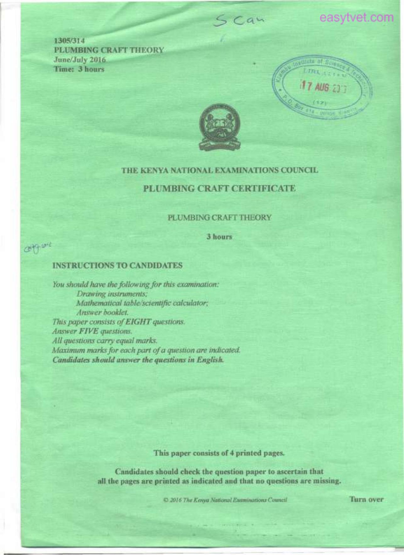 Plumbing Craft Certificate (2016) — page 1 of 4