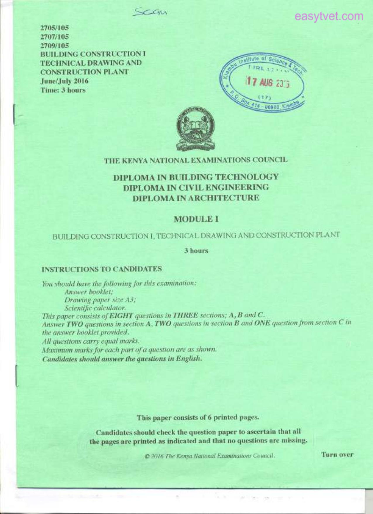 Building Construction , Technical Drawing and Construction Flani (2016) — page 1 of 6