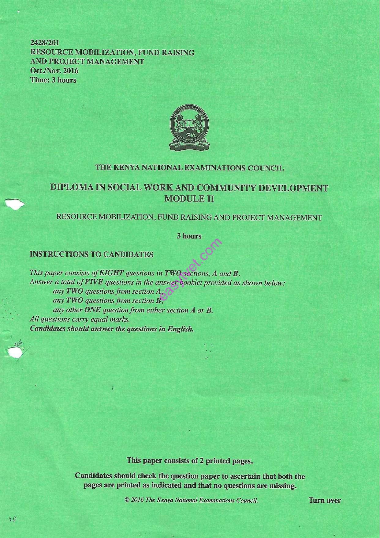 Resource Mobilization, Fund Raising and Project Management (2016) — page 1 of 2