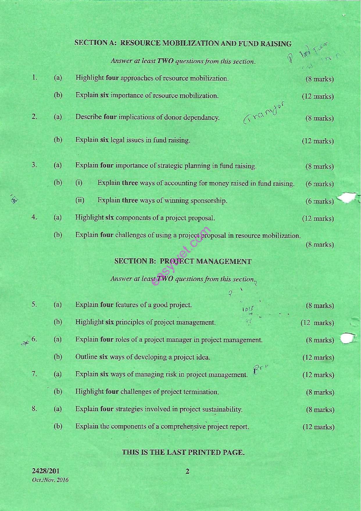 Resource Mobilization, Fund Raising and Project Management (2016) — page 2 of 2