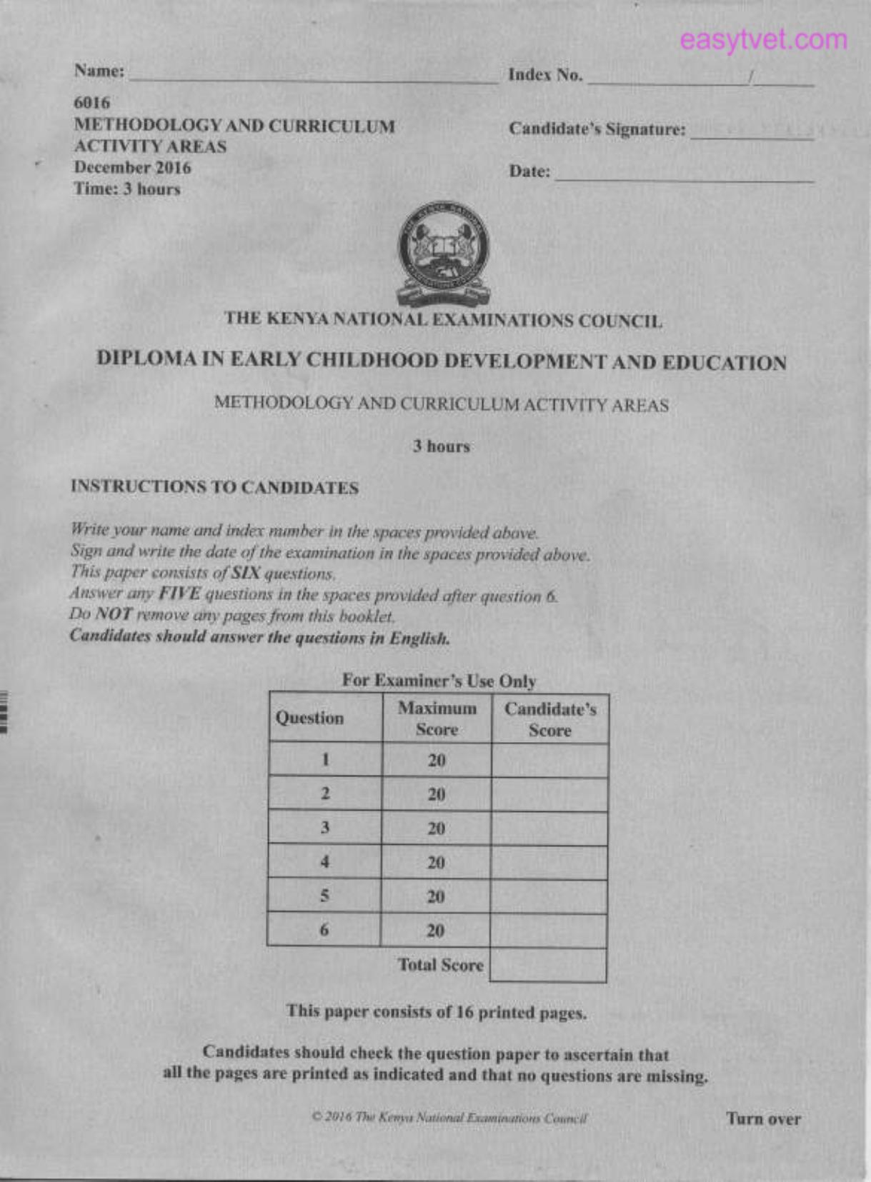 Methodology and Curriculum Activity Areas (2016) — page 1 of 3