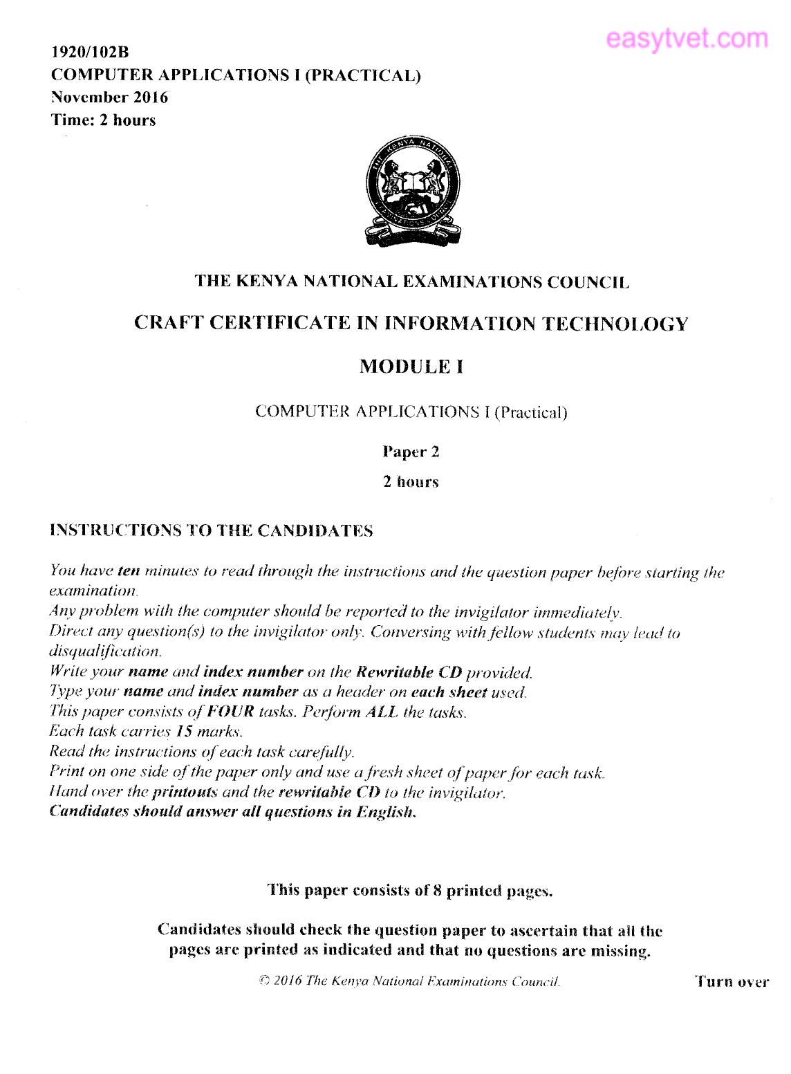 Computer Applications I (practical (2016) — page 1 of 8