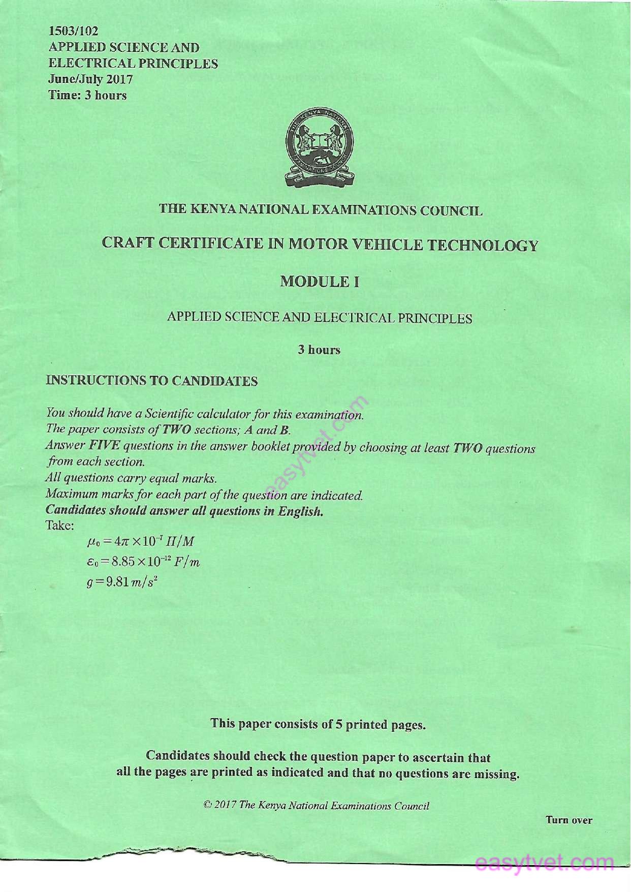 Applied Science and Electrical Principles (2017) — page 1 of 5
