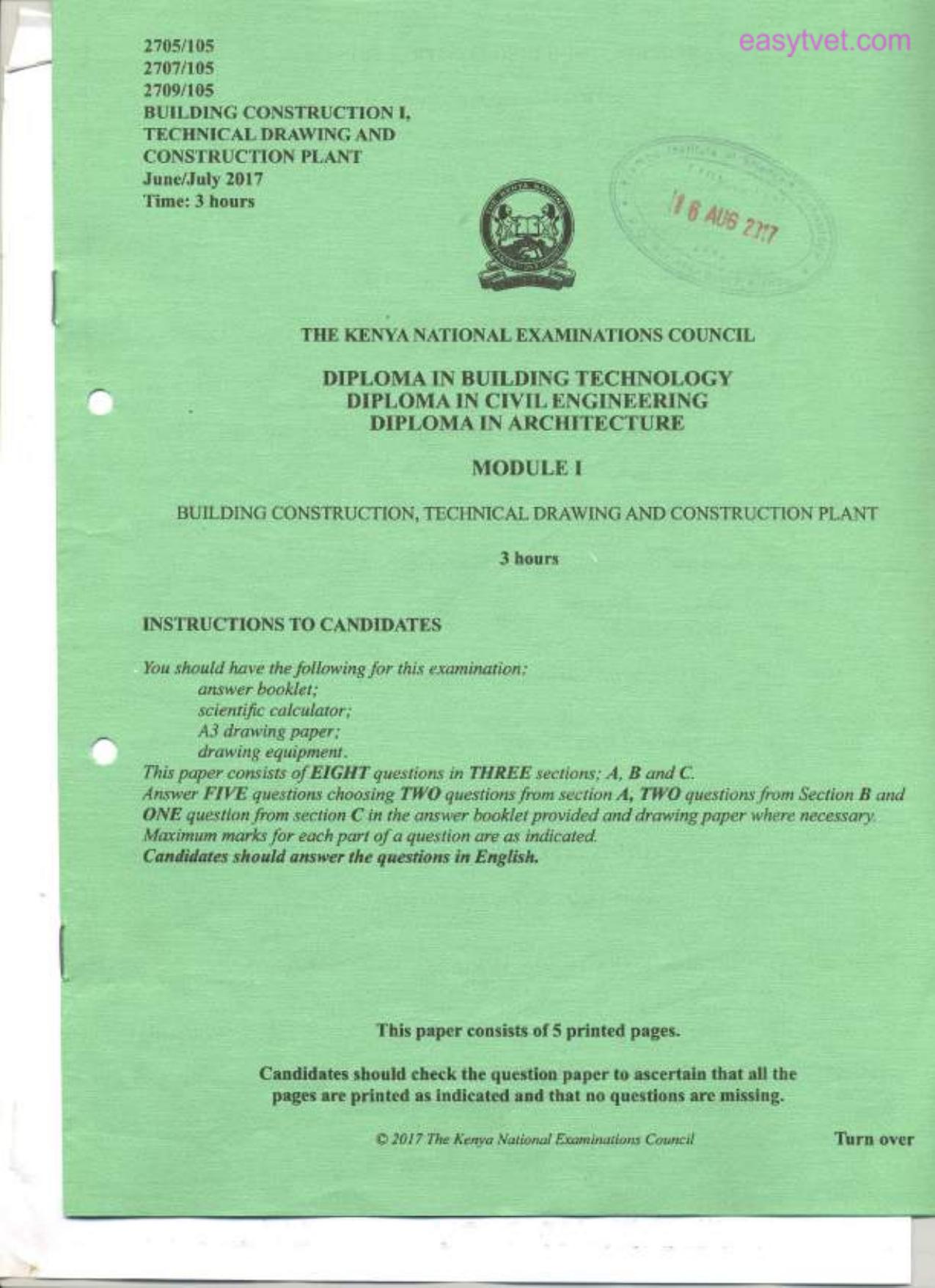 Building Construction, Technical Drawing and Construction Plant (2017) — page 1 of 5