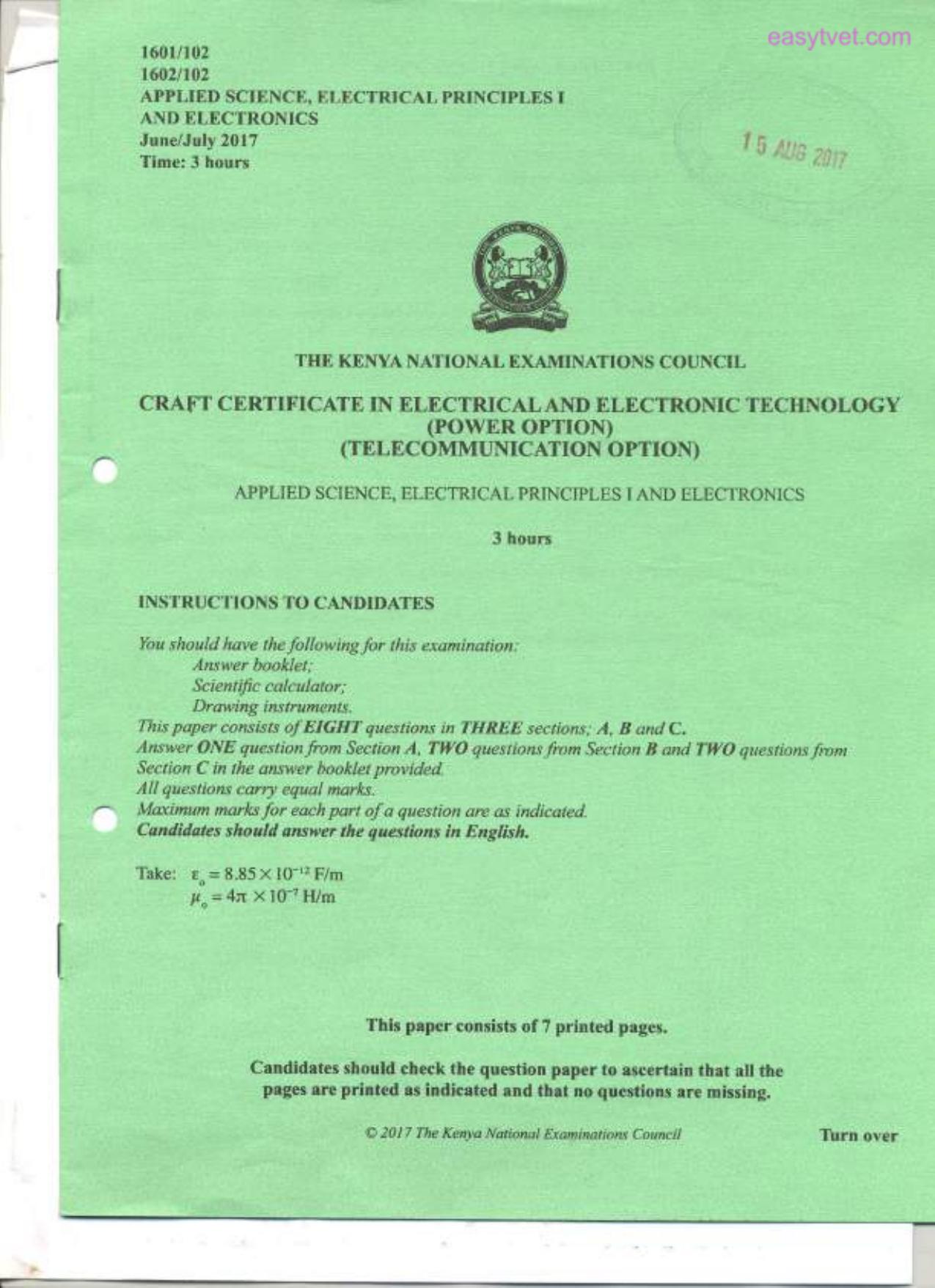 Applied Science, Electrical Principles 1 and Electronics (2007) — page 1 of 7