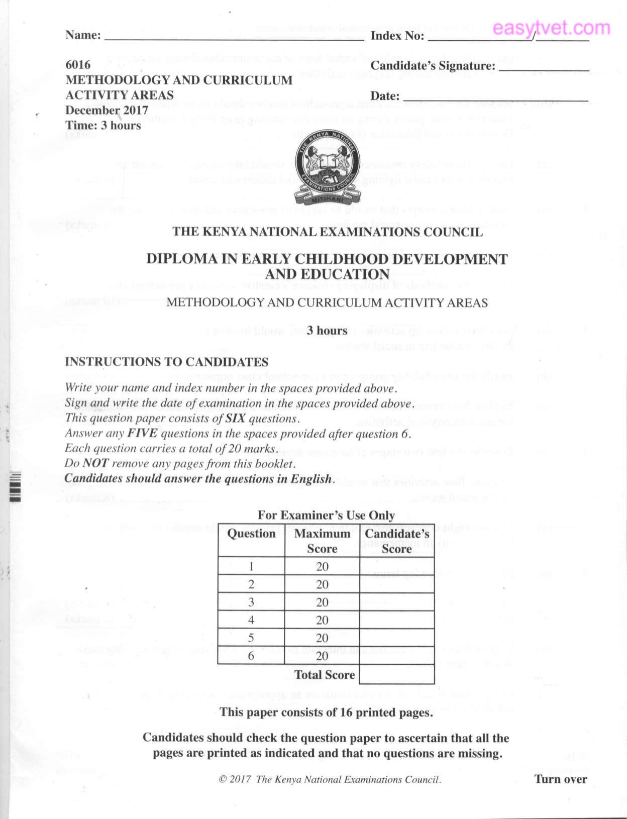 Methodology and Curriculum Activity Areas (2017) — page 1 of 3