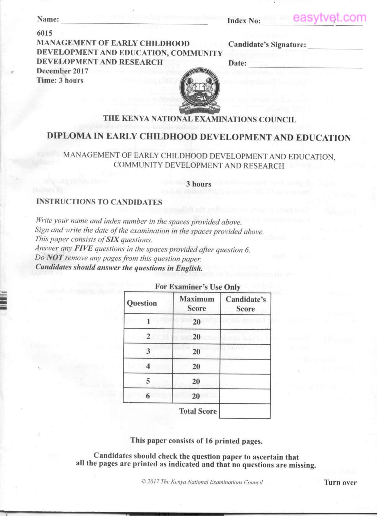 Management of Early Childhood Development and Education (2017) — page 1 of 3
