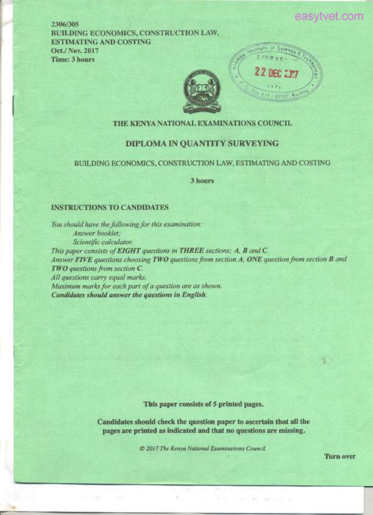 Building Economics, Construction Law, Estimating and Costing (2017) — page 1 of 5
