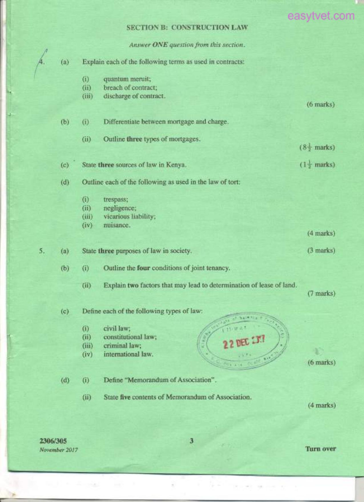 Building Economics, Construction Law, Estimating and Costing (2017) — page 3 of 5