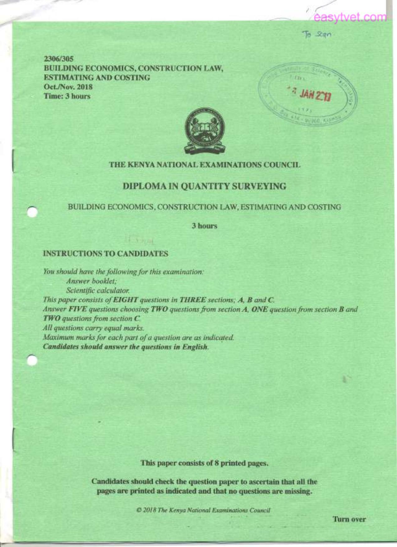 Building Economics, Construction Law, Estimating and Costing (2018) — page 1 of 8