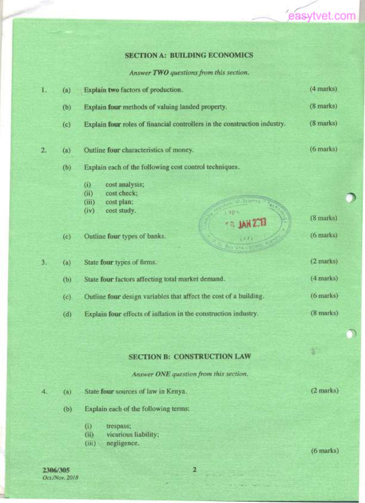 Building Economics, Construction Law, Estimating and Costing (2018) — page 2 of 8