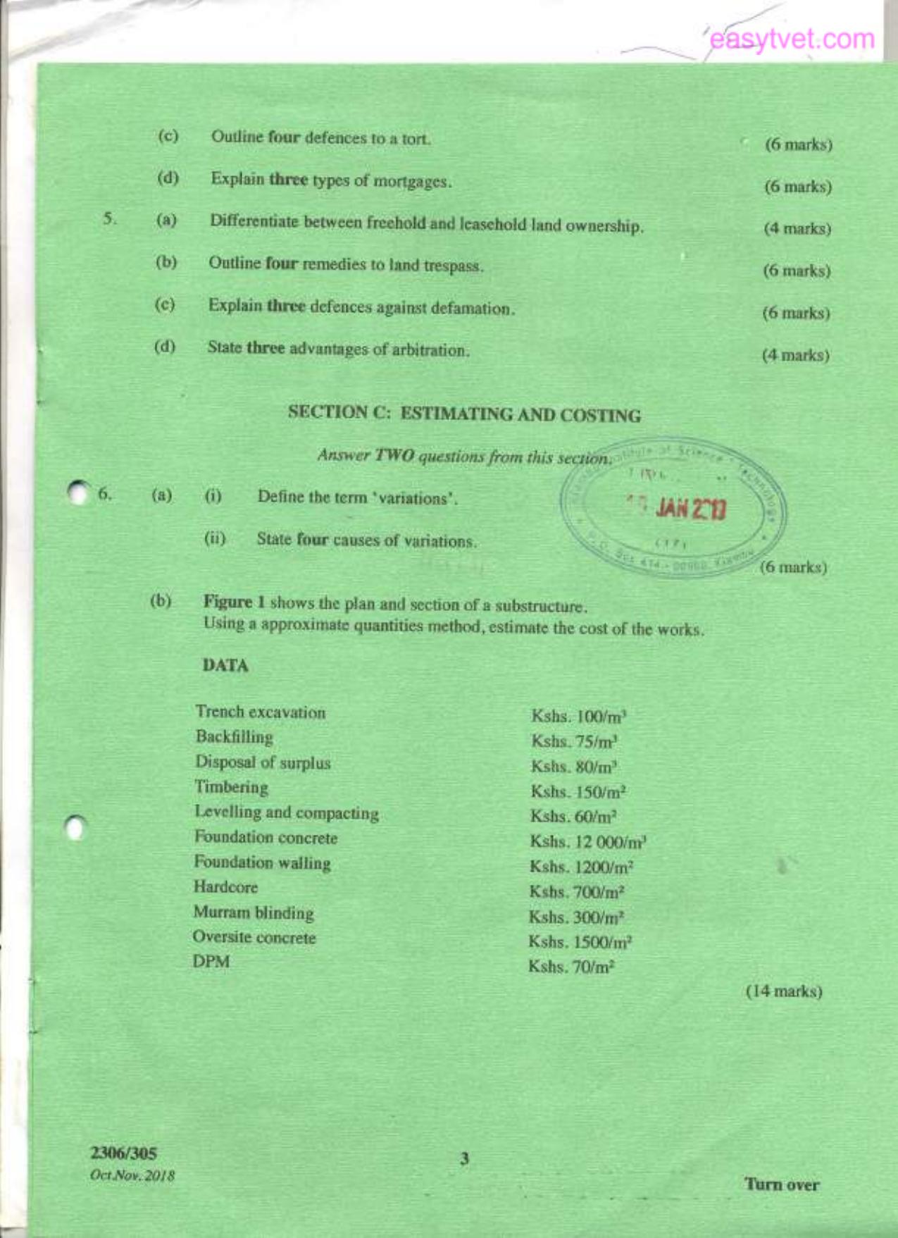 Building Economics, Construction Law, Estimating and Costing (2018) — page 3 of 8